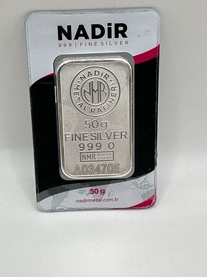 Nadir Metal Rafineri 50g .999 Fine Silver Bar in Assay Card. A fine silver bullion bar weighing 