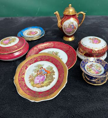 A Collection of Eight Miniature Limoges Porcelain Decorative Items in the Fragonard Style. A 