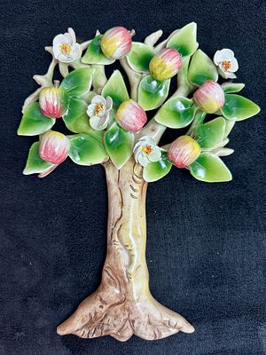 A Ceramic Barbotine Style Wall Plaque of a Fruiting Apple Tree. A decorative glazed earthenware 