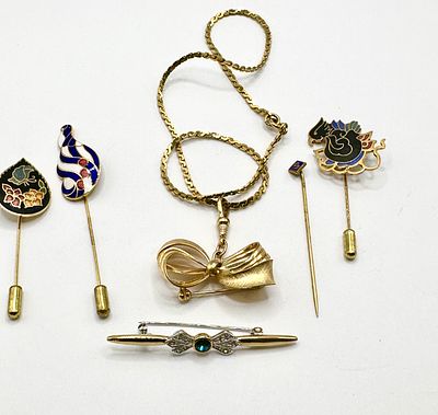 An Assortment of Six Vintage Enamel Stick Pins and Gold-Tone Brooches. A collection of six 