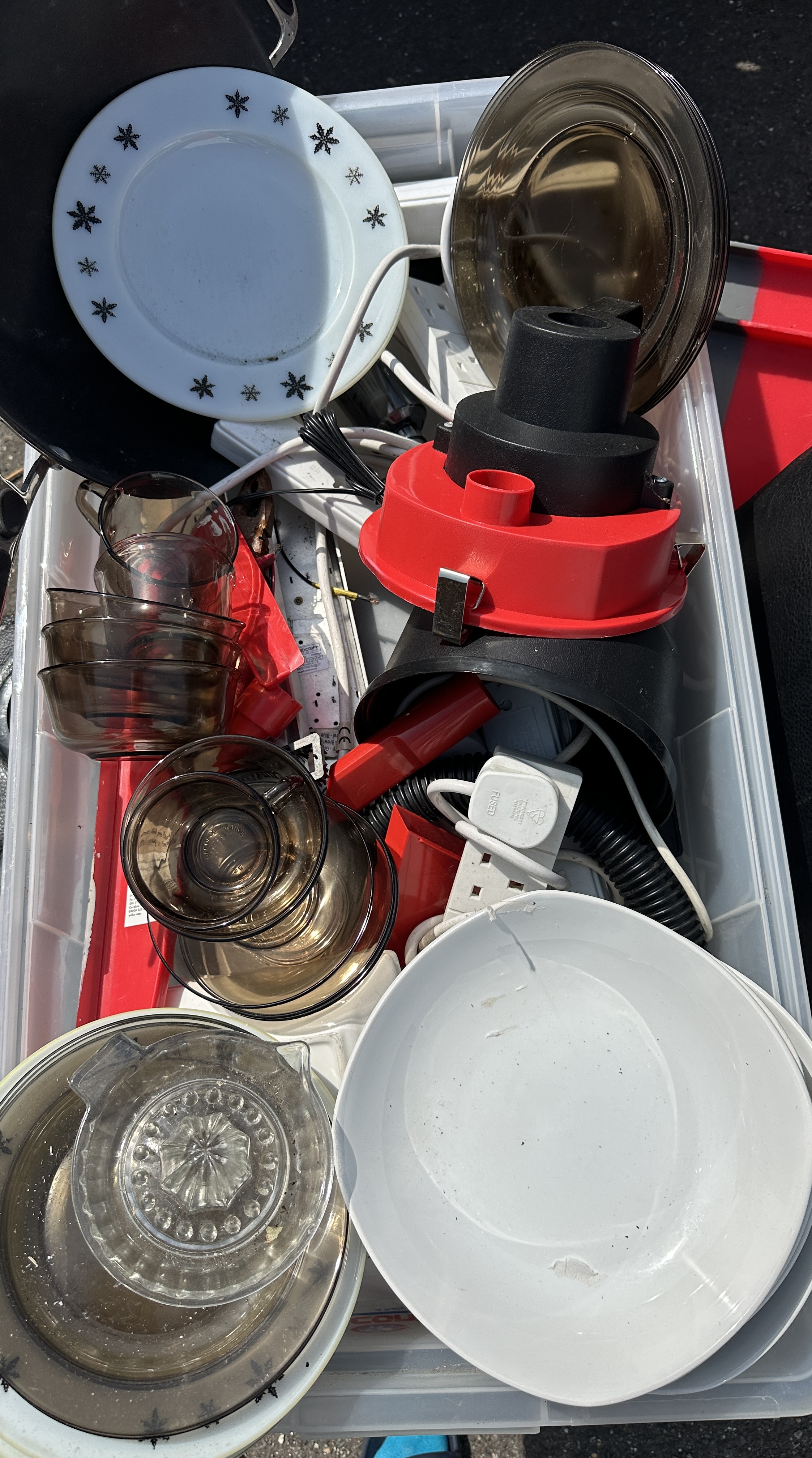 An Assortment of Mixed Household Goods Including Arcoroc Glassware and Electrical Accessories