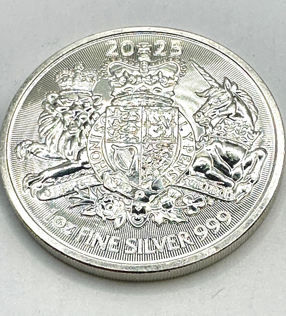 Lot 301: 2025 United Kingdom Royal Mint The Royal Arms 1 oz Fine Silver 2 Pound Bullion Coin