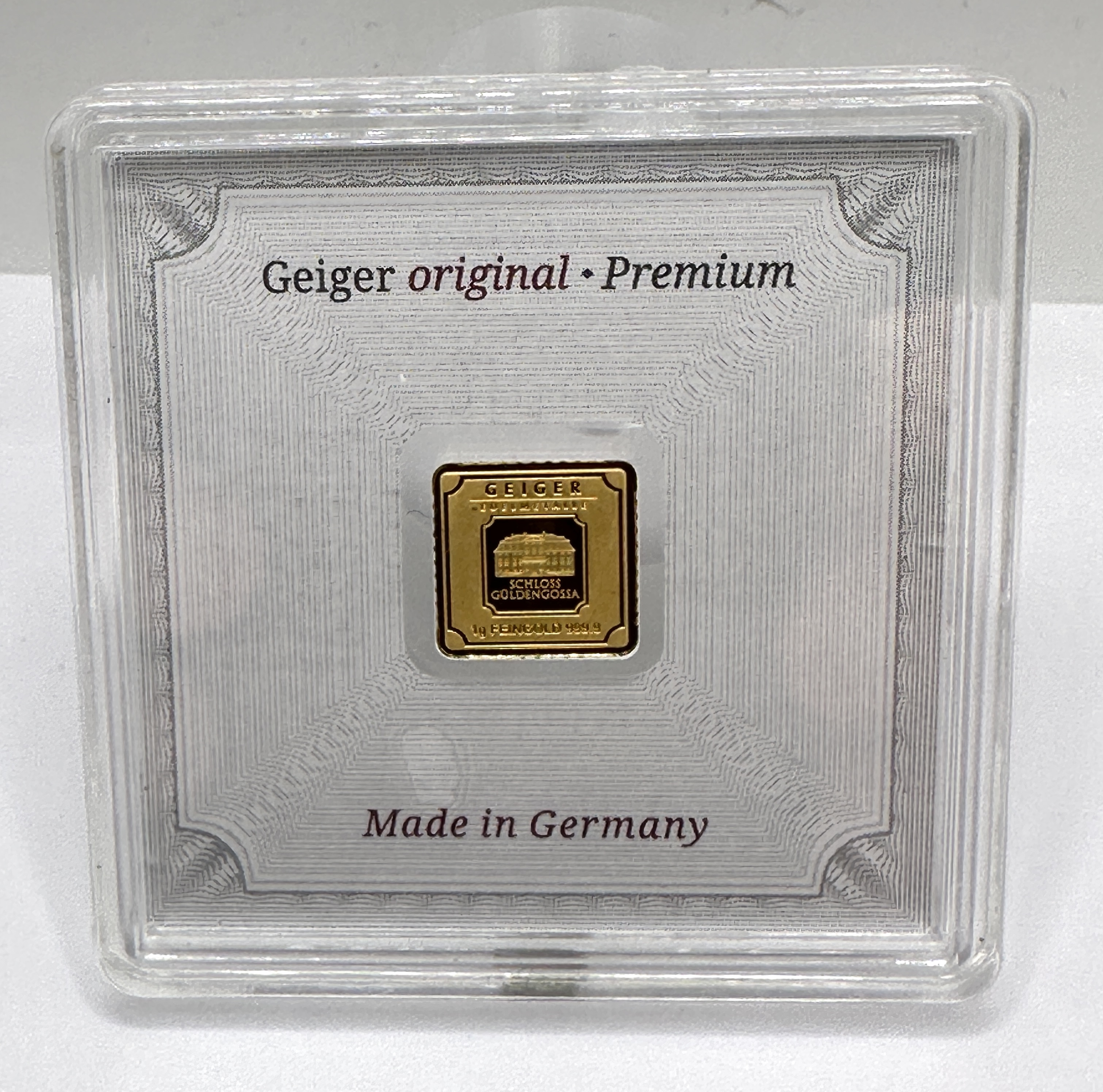 Geiger Edelmetalle 1 Gram .9999 Gold Square Minted Bar in Security Capsule
