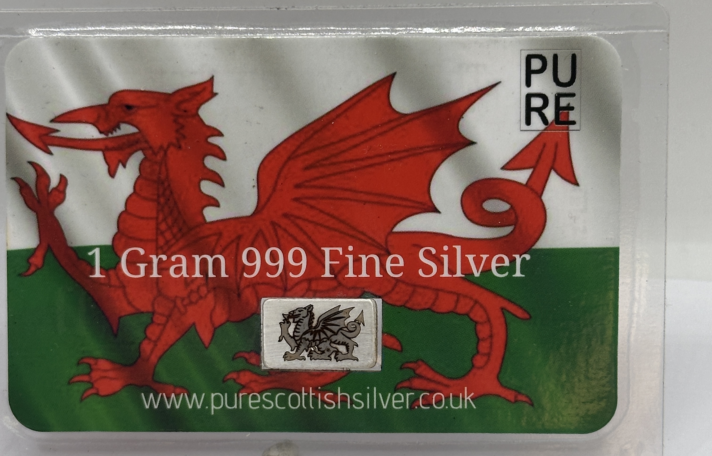 Pure Scottish Silver 1-Gram .999 Fine Silver Bullion Bar with Welsh Dragon Motif
