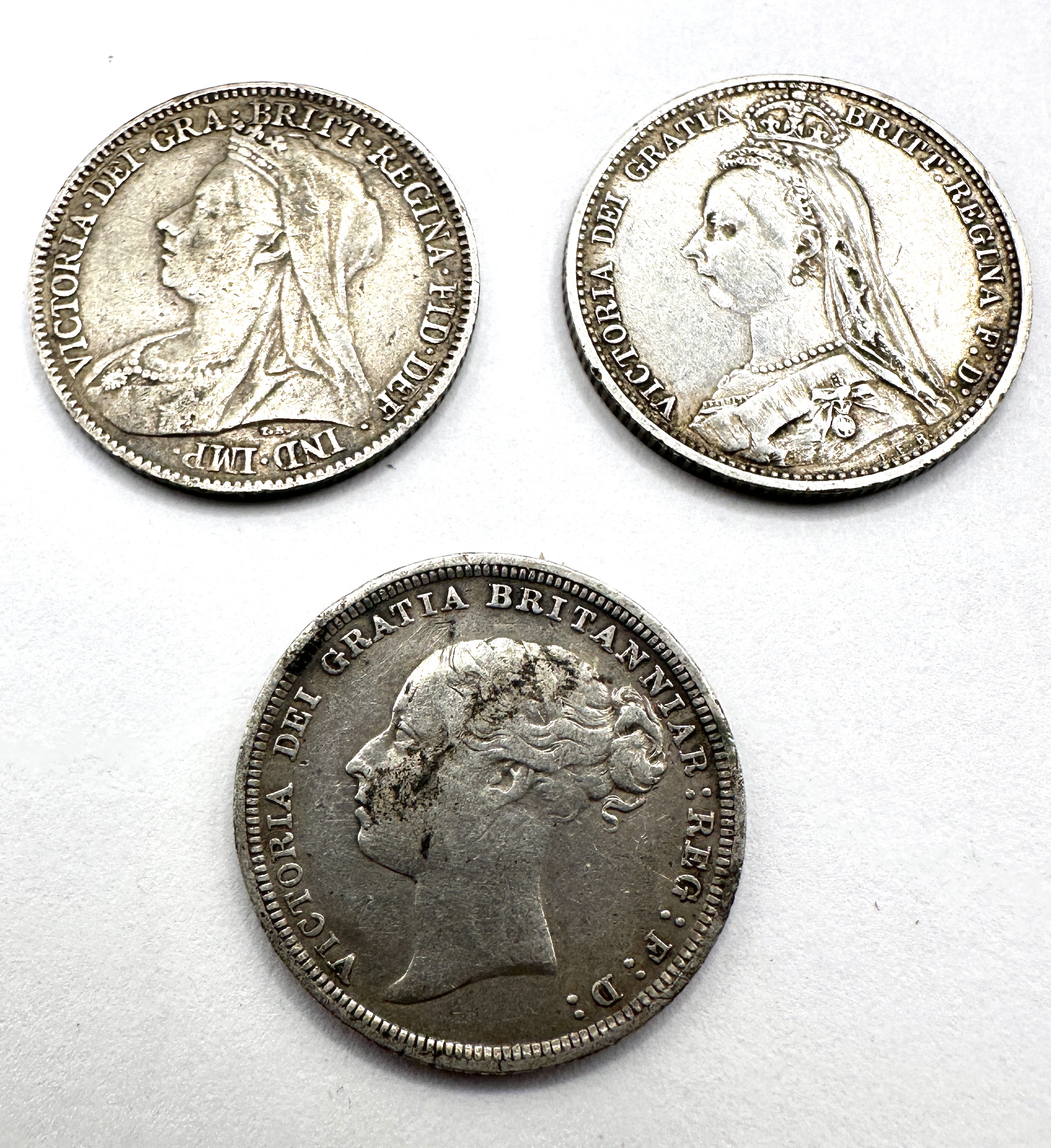 Three UK Queen Victoria Sterling Silver Sixpences, 1885-1894