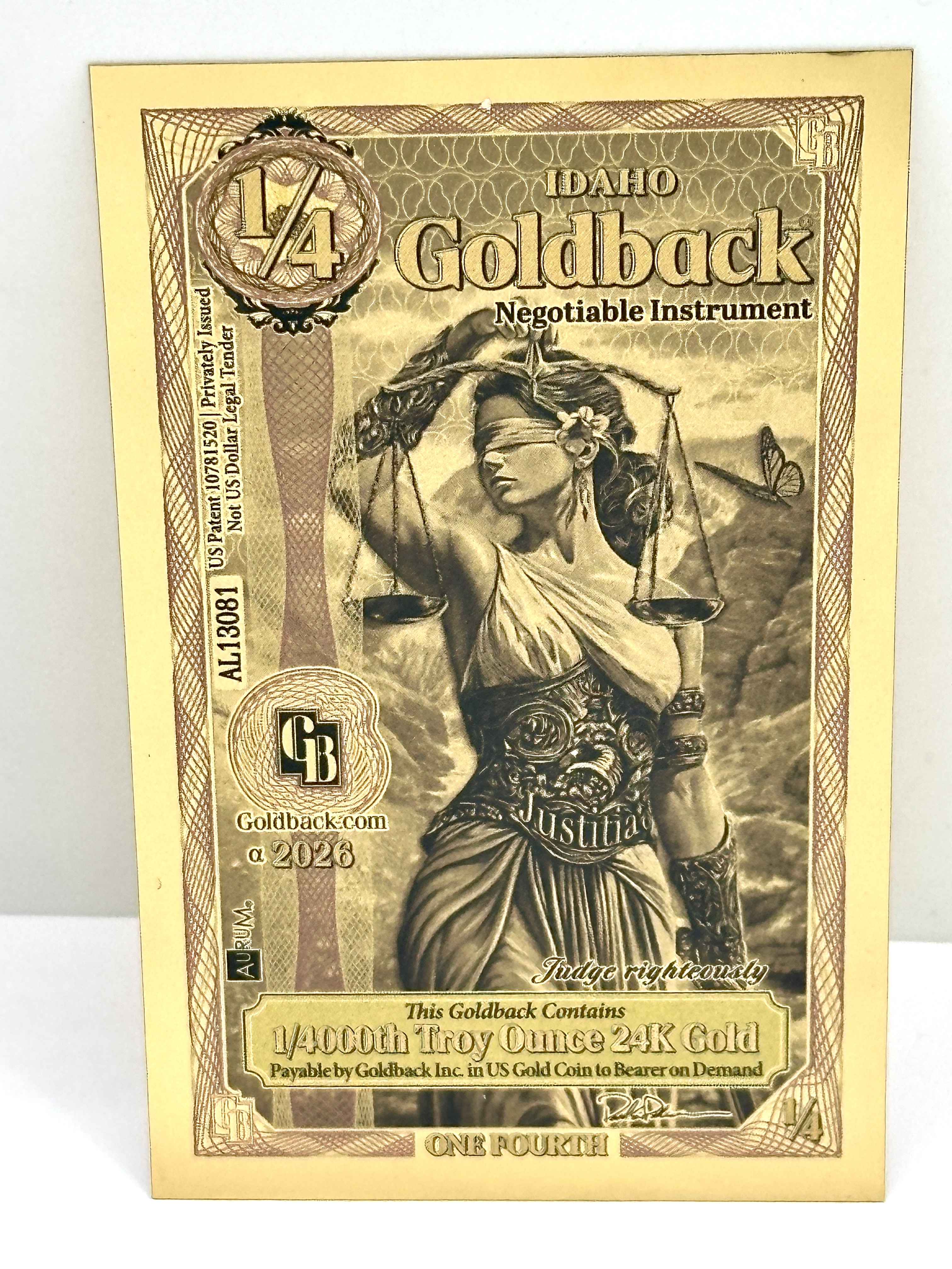 2020 Idaho 1/4 Goldback 24 Carat Gold Note