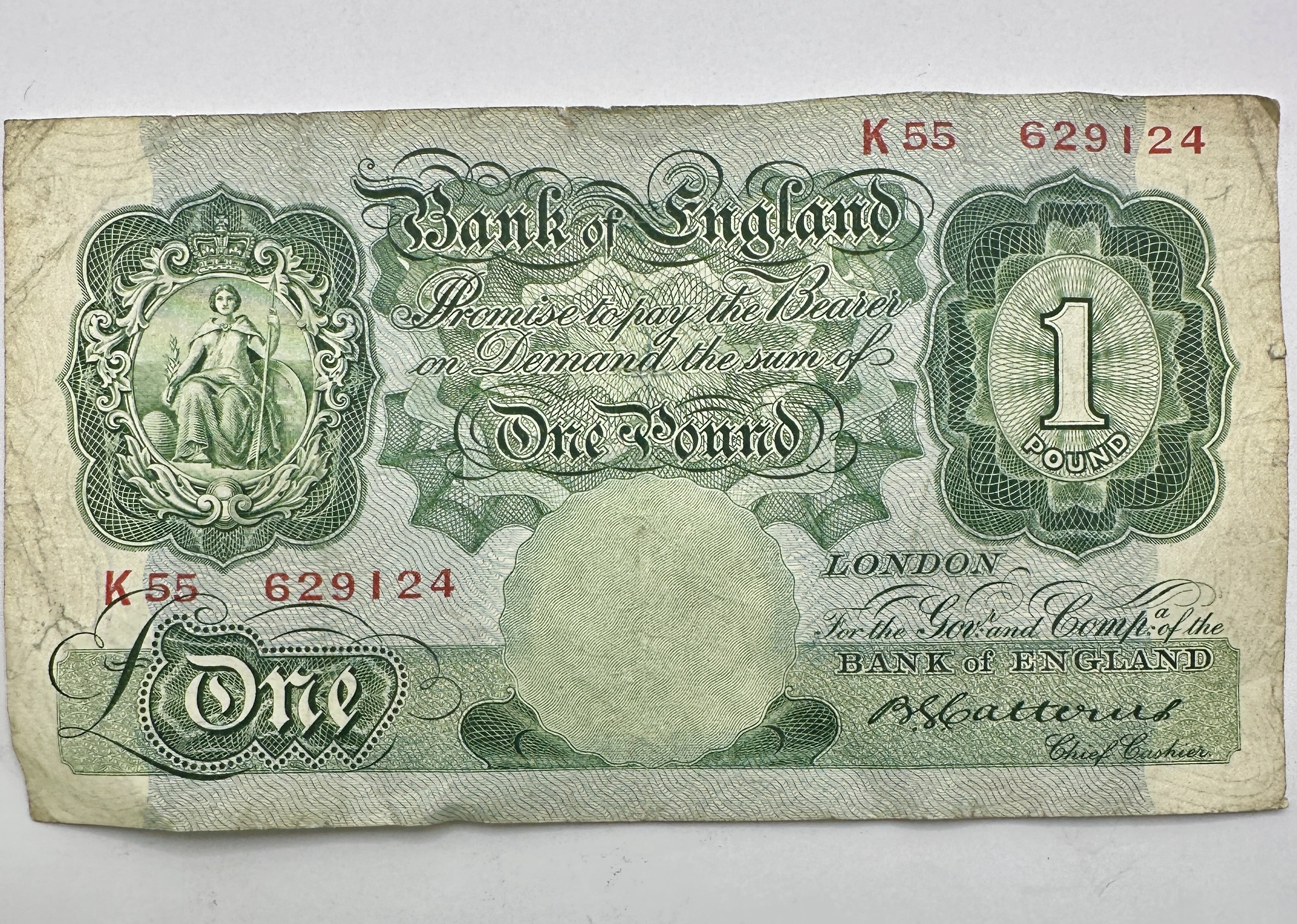 UK Bank of England One Pound Banknote Series A Britannia Signature B. S. Catterns