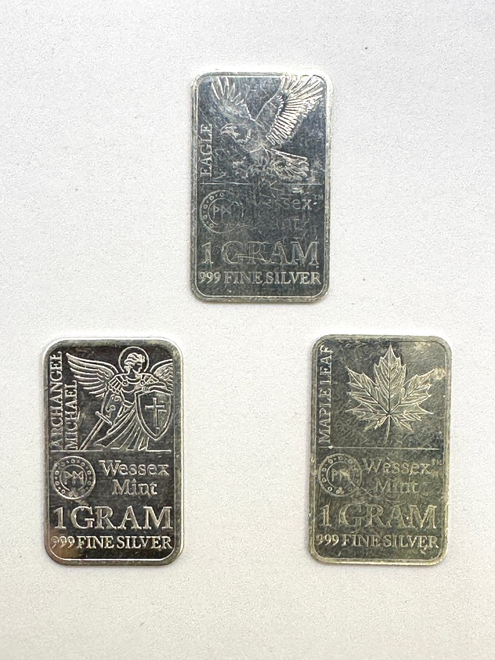 Lot 202: Three Wessex Mint One Gram Silver Bullion Bars