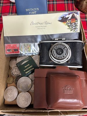 A Collection of Vintage Collectibles including a Coronet Cub Camera and British Commemorative 