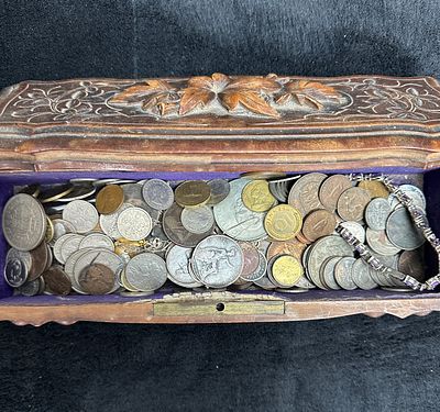 A Collection of UK and International Coins and Jewellery in a Carved Wooden Casket. An 