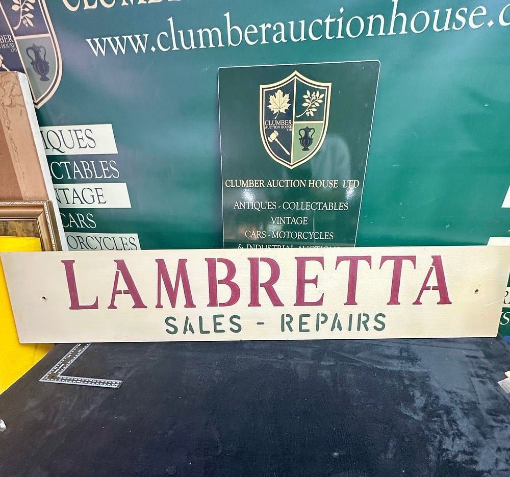 Lot 151: Large Painted Wooden Lambretta Sales and Repairs Advertising Sign