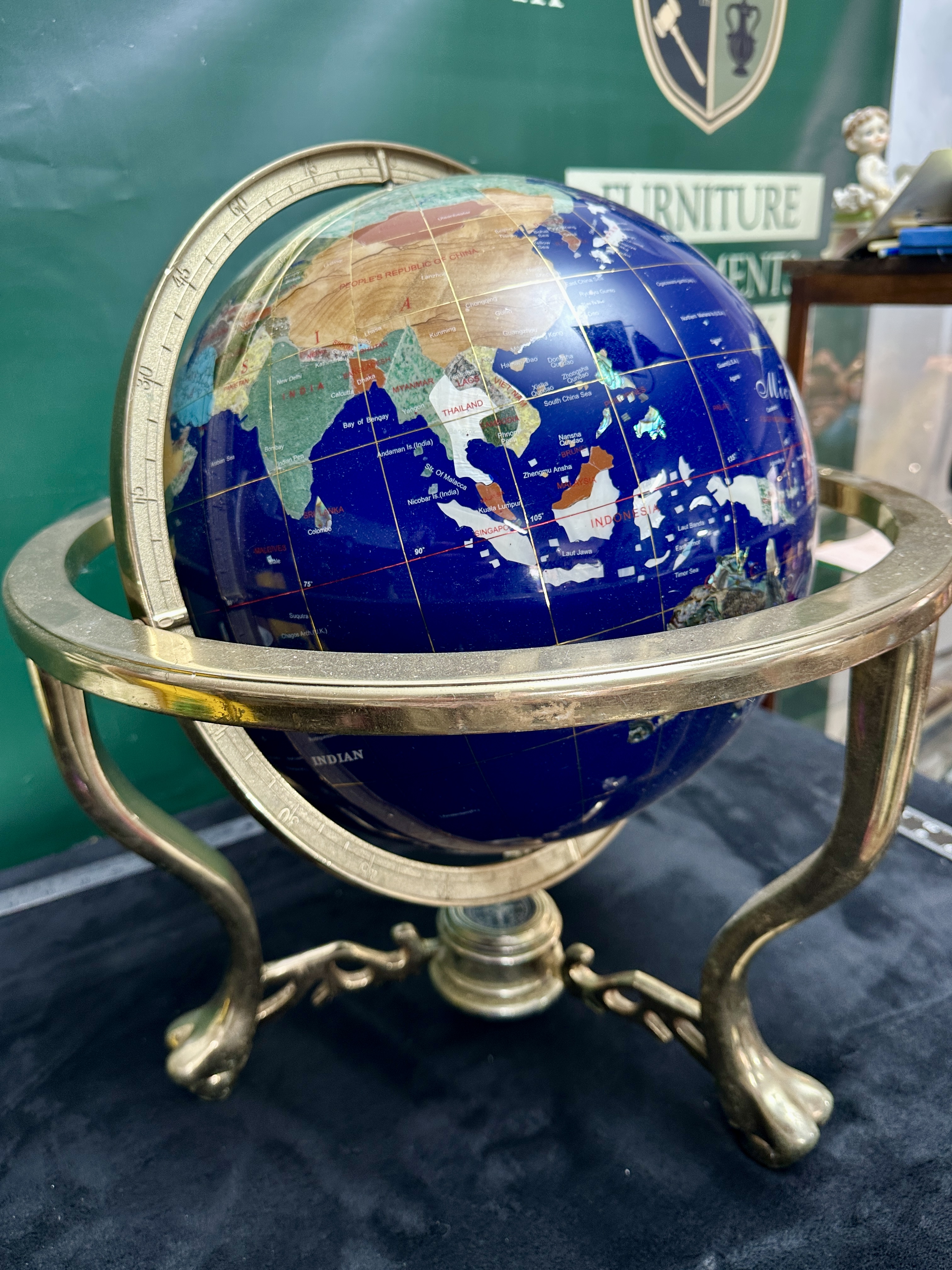 Gemstone and Lapis Lazuli Style Inlaid World Globe on Brass Tripod Stand with Integrated Compass