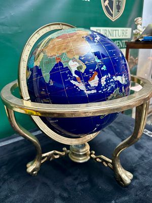 Gemstone and Lapis Lazuli Style Inlaid World Globe on Brass Tripod Stand with Integrated Compass. 