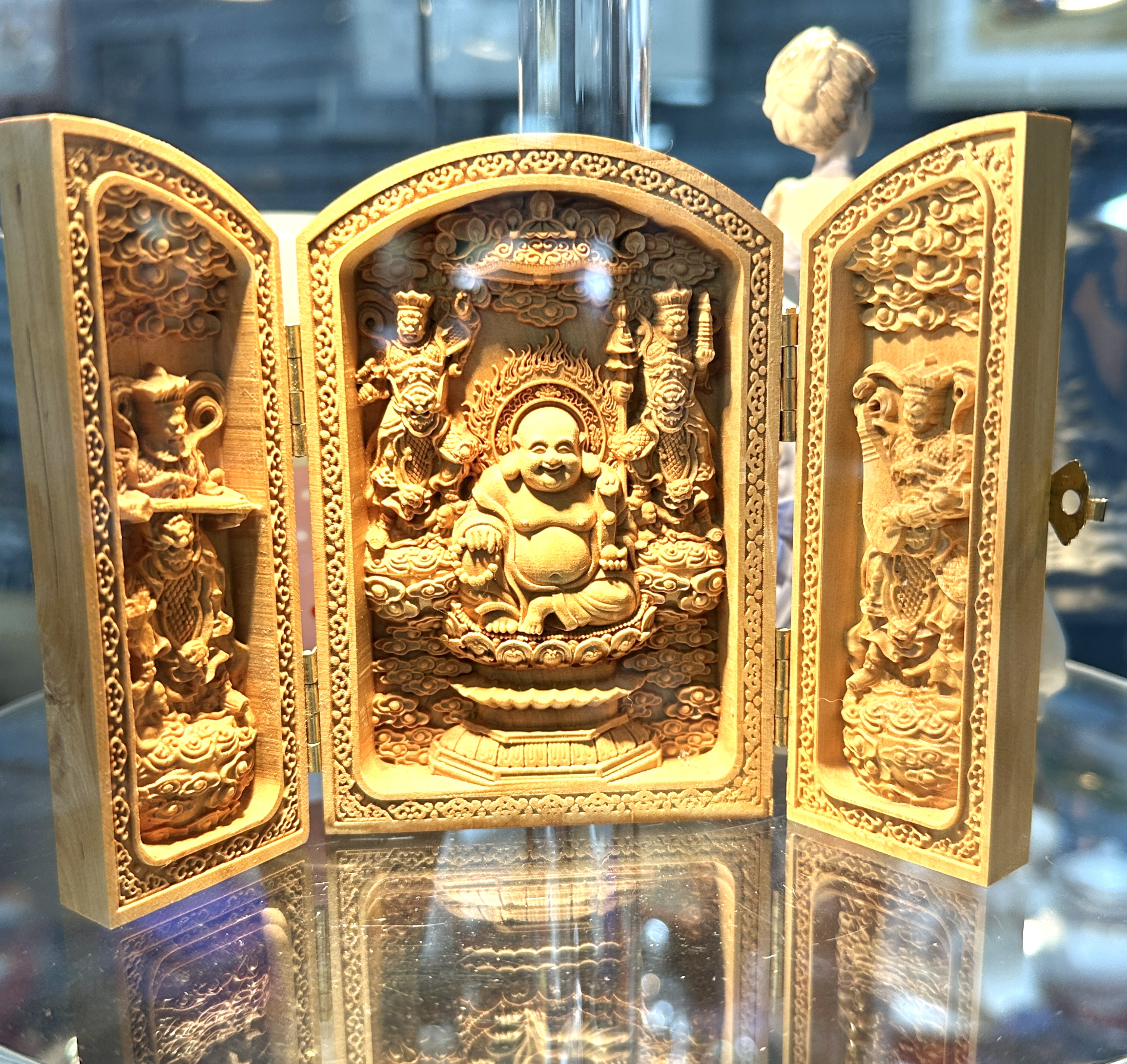 A Chinese Carved Boxwood Triptych Travelling Shrine of Maitreya Buddha