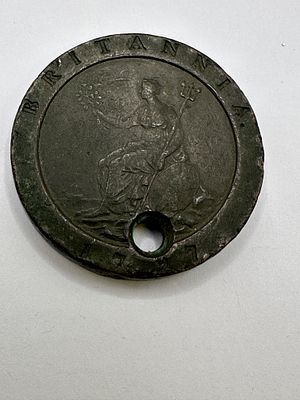 UK 1797 George III Copper Cartwheel Coin, Holed. A George III copper Cartwheel coin, struck in 