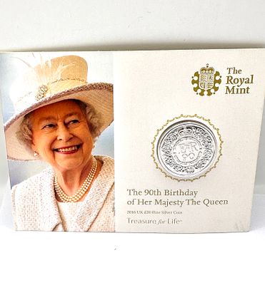 2016 UK Elizabeth II 90th Birthday 20 Pound Fine Silver Coin. A 2016 United Kingdom 20 pound 