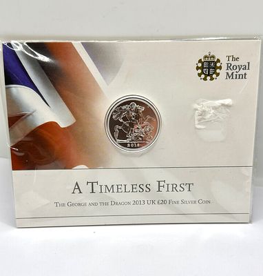 UK 2013 George and the Dragon &pound;20 Fine Silver Coin in Presentation Folder. A United Kingdom fine 
