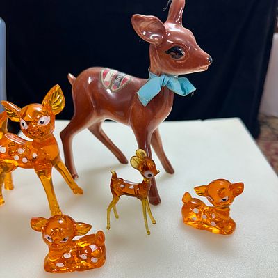 A Collection of Six Vintage Rynbende Ceramic and Amber Acrylic Deer Figurines. This collection 