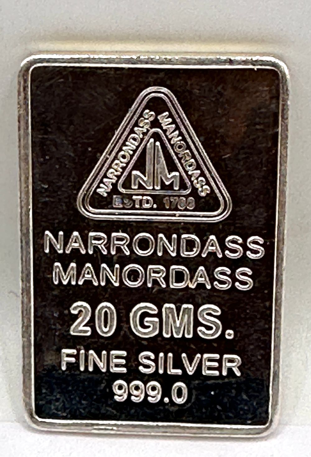 Lot 270: Narrondass Manordass 20 Gram .999 Fine Silver Bullion Bar