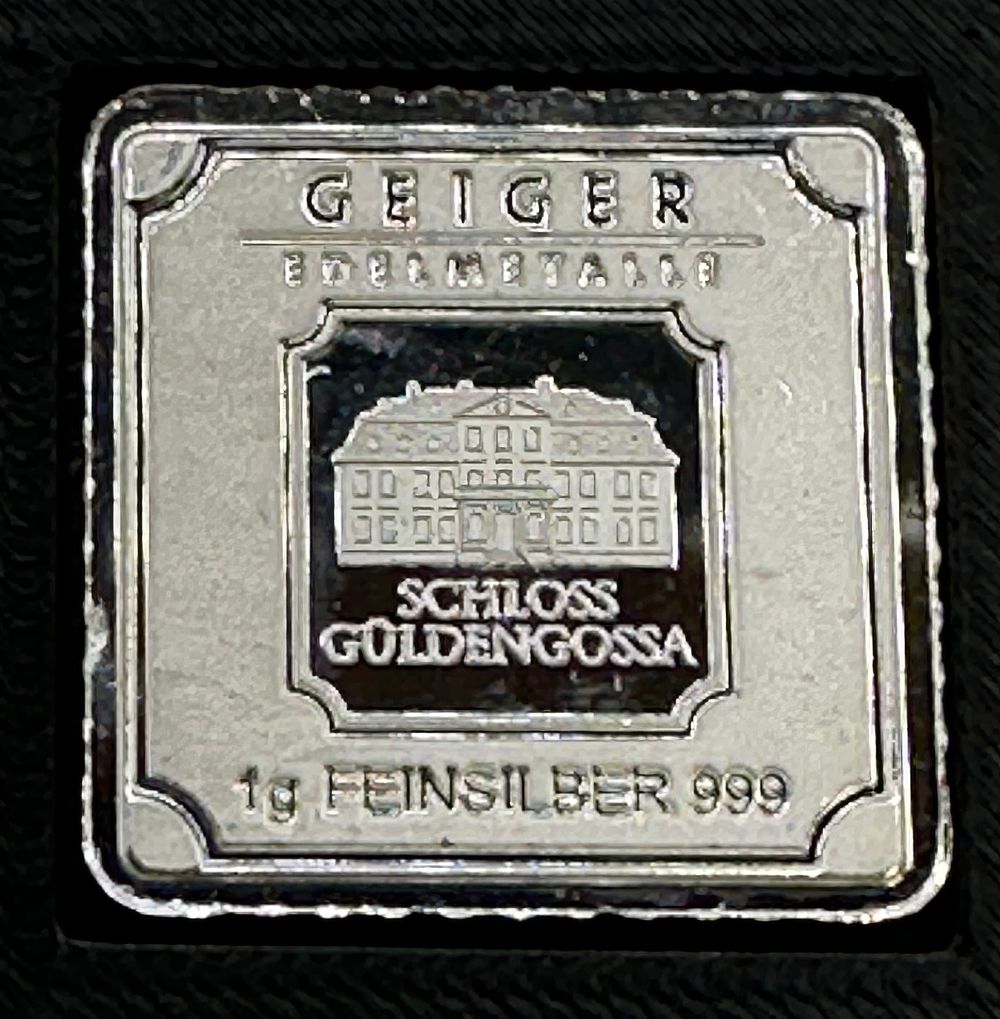 Lot 234: Geiger Edelmetalle 1g .999 Fine Silver Schloss Güldengossa Square Bar