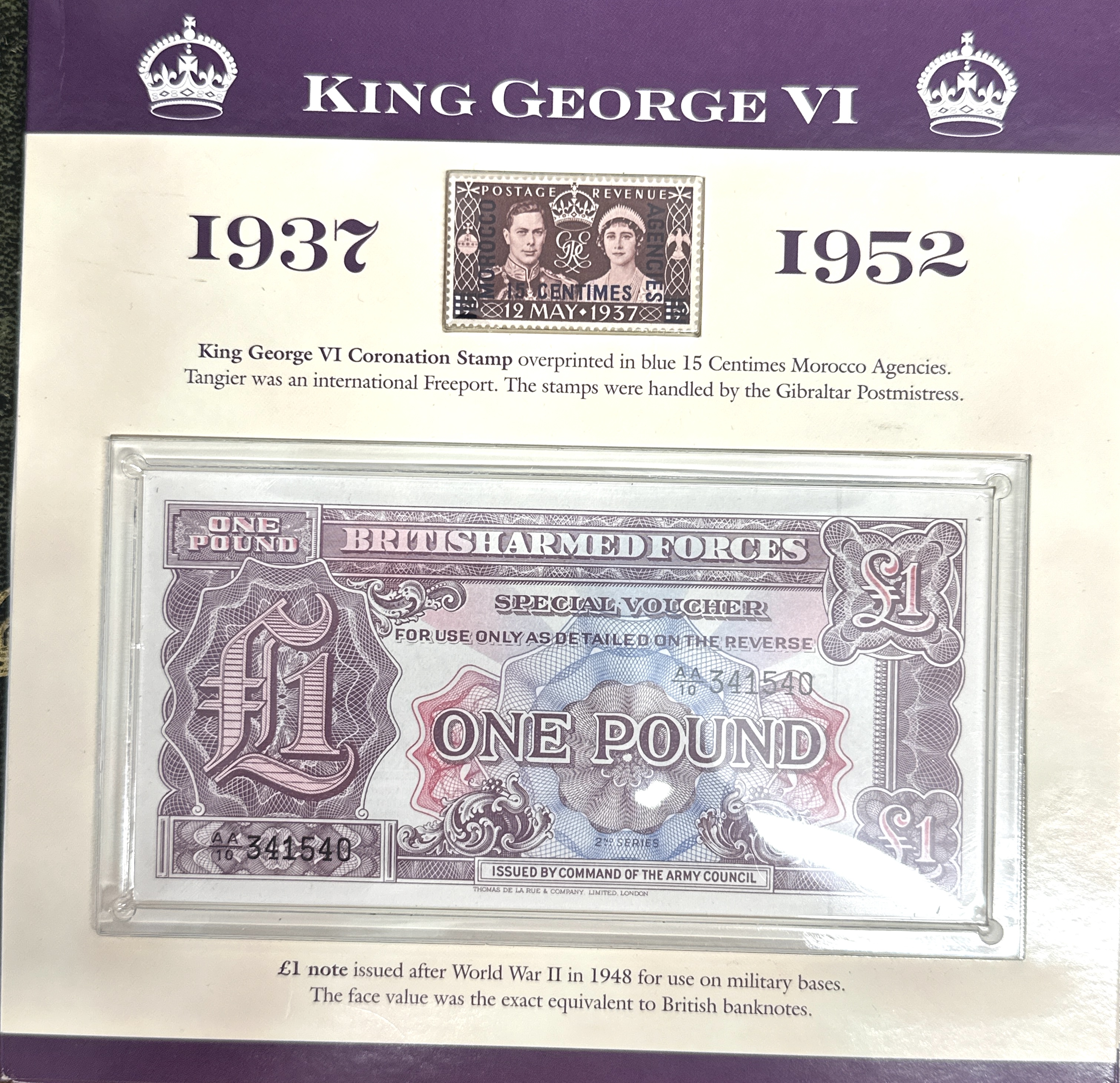 A Coincraft King George VI Commemorative Set Including British Armed Forces £1 Special Voucher, Stamp, and Coins