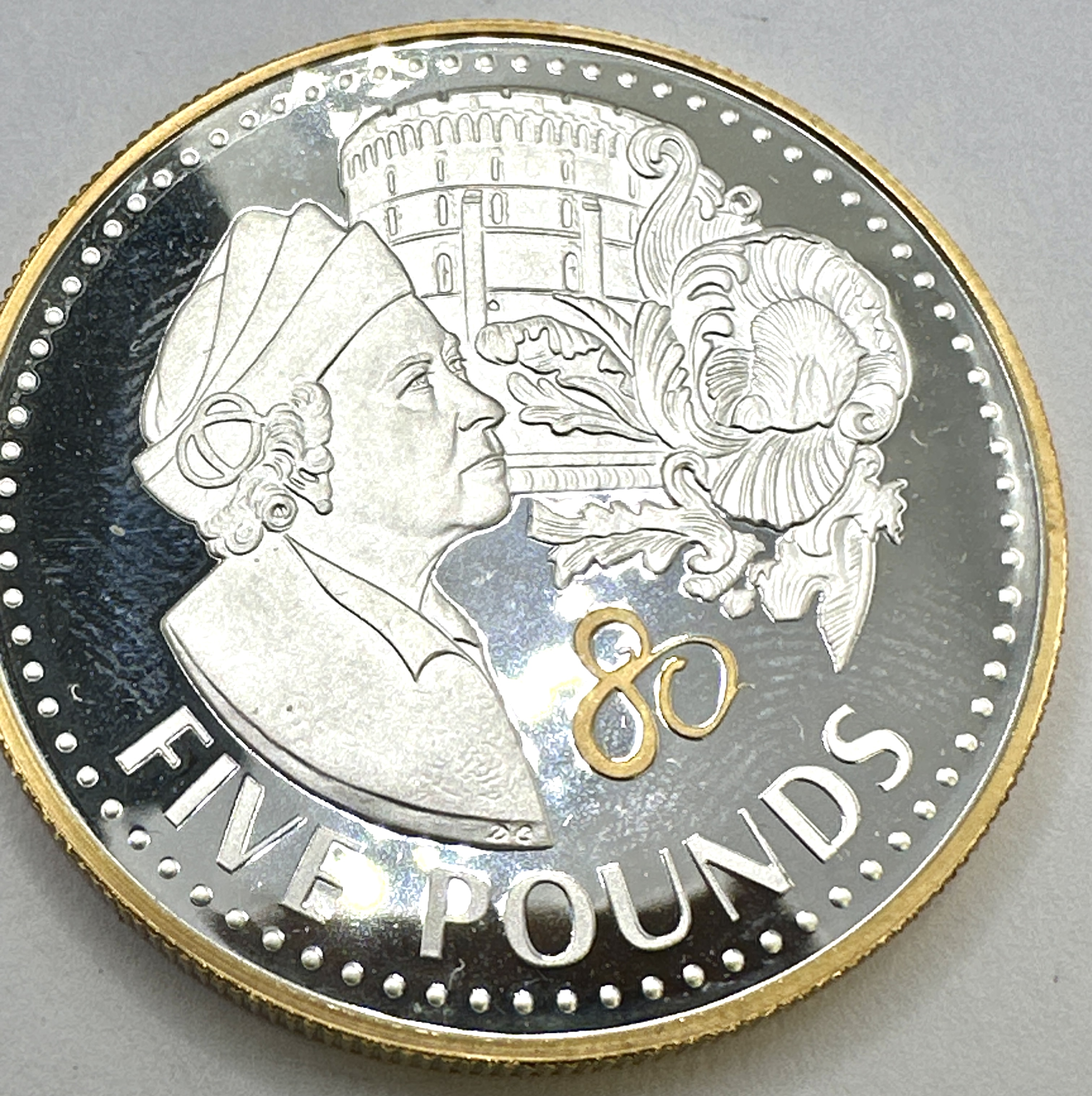 2006 Guernsey 80th Birthday of Queen Elizabeth II Silver Proof Five Pounds Coin