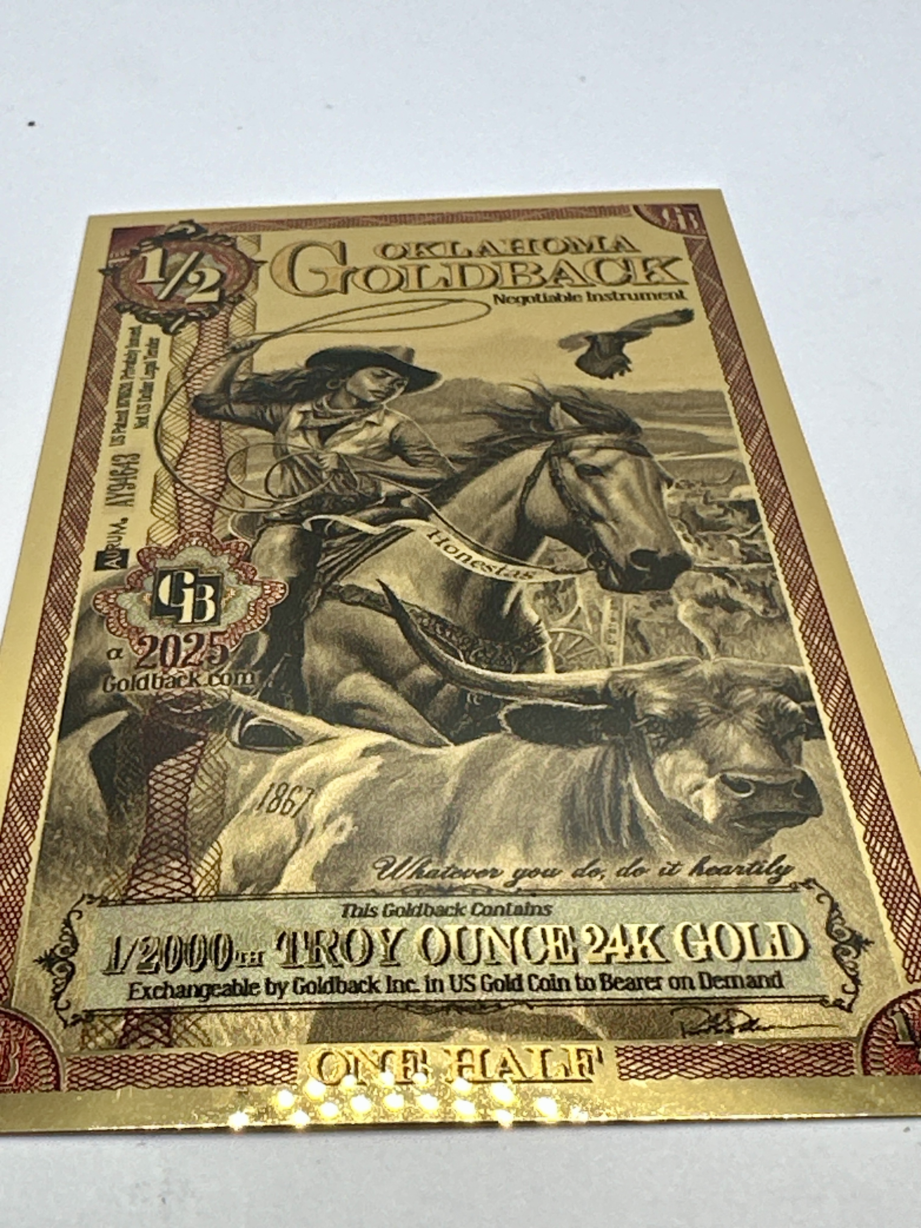 2025 Oklahoma 1/2 Goldback 1/2000 Troy Ounce 24 Carat Gold Note