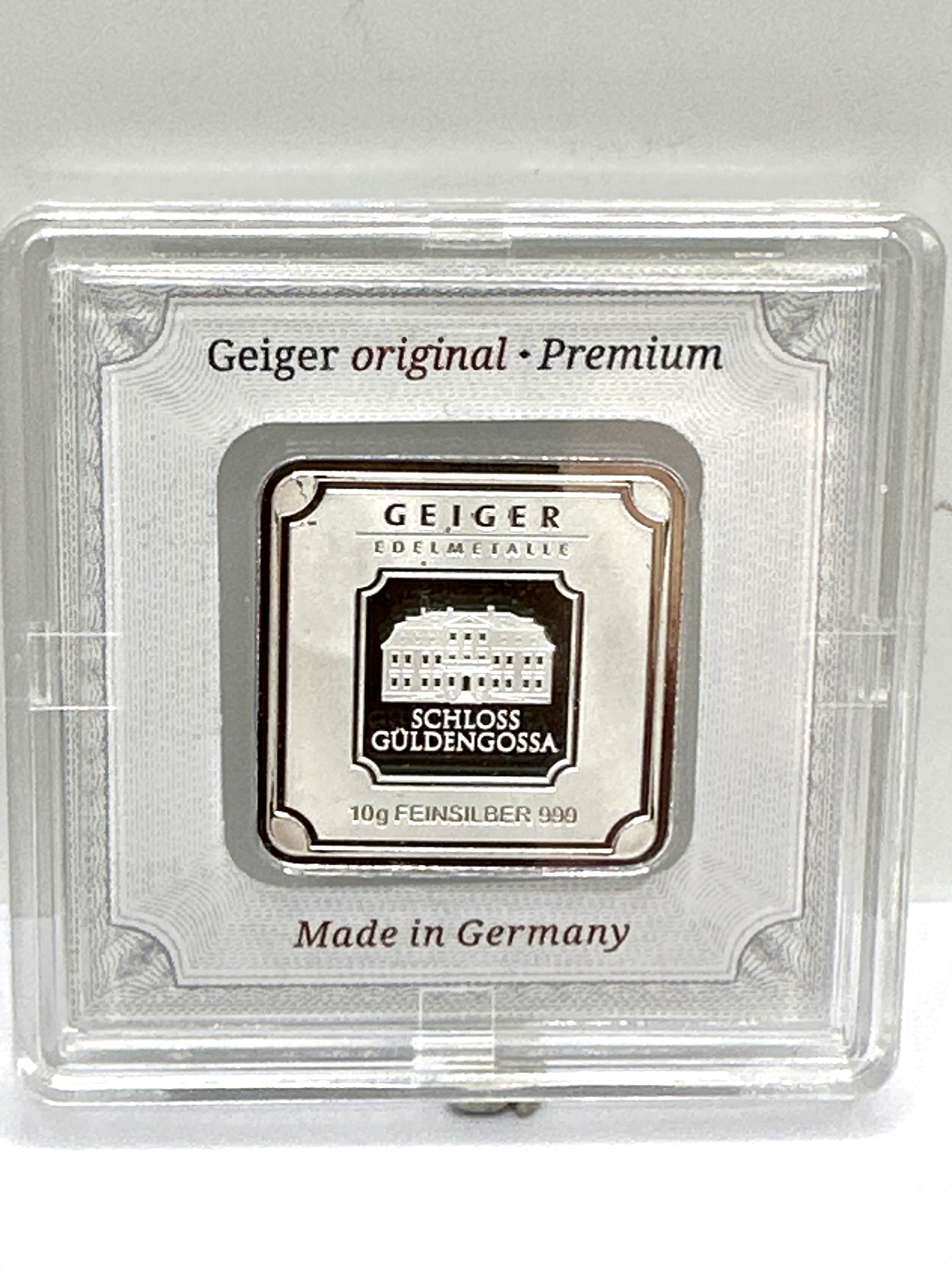 Geiger Edelmetalle 10g .999 Fine Silver Schloss Güldengossa Square Bar in Assay