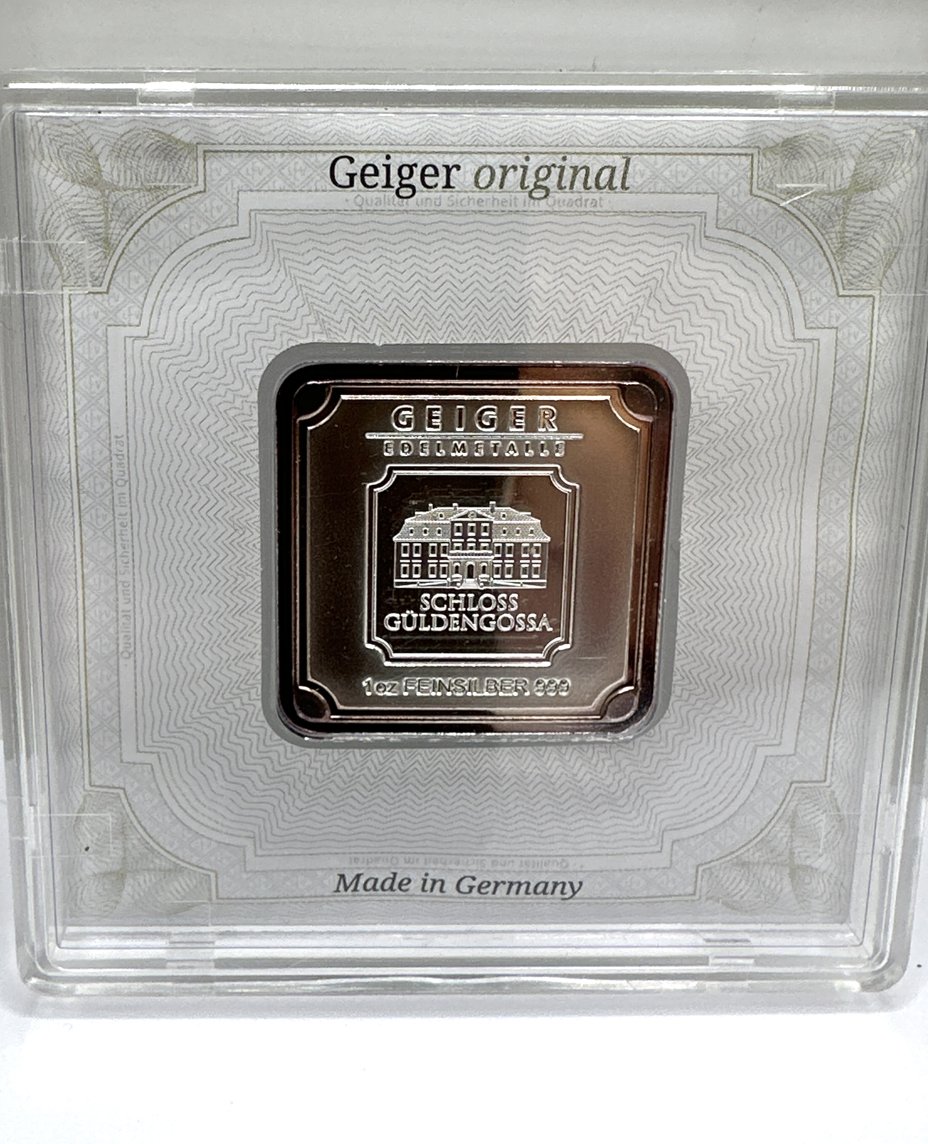 Geiger Edelmetalle 1 oz .999 Fine Silver Schloss Guldengossa Square Bar in Assay