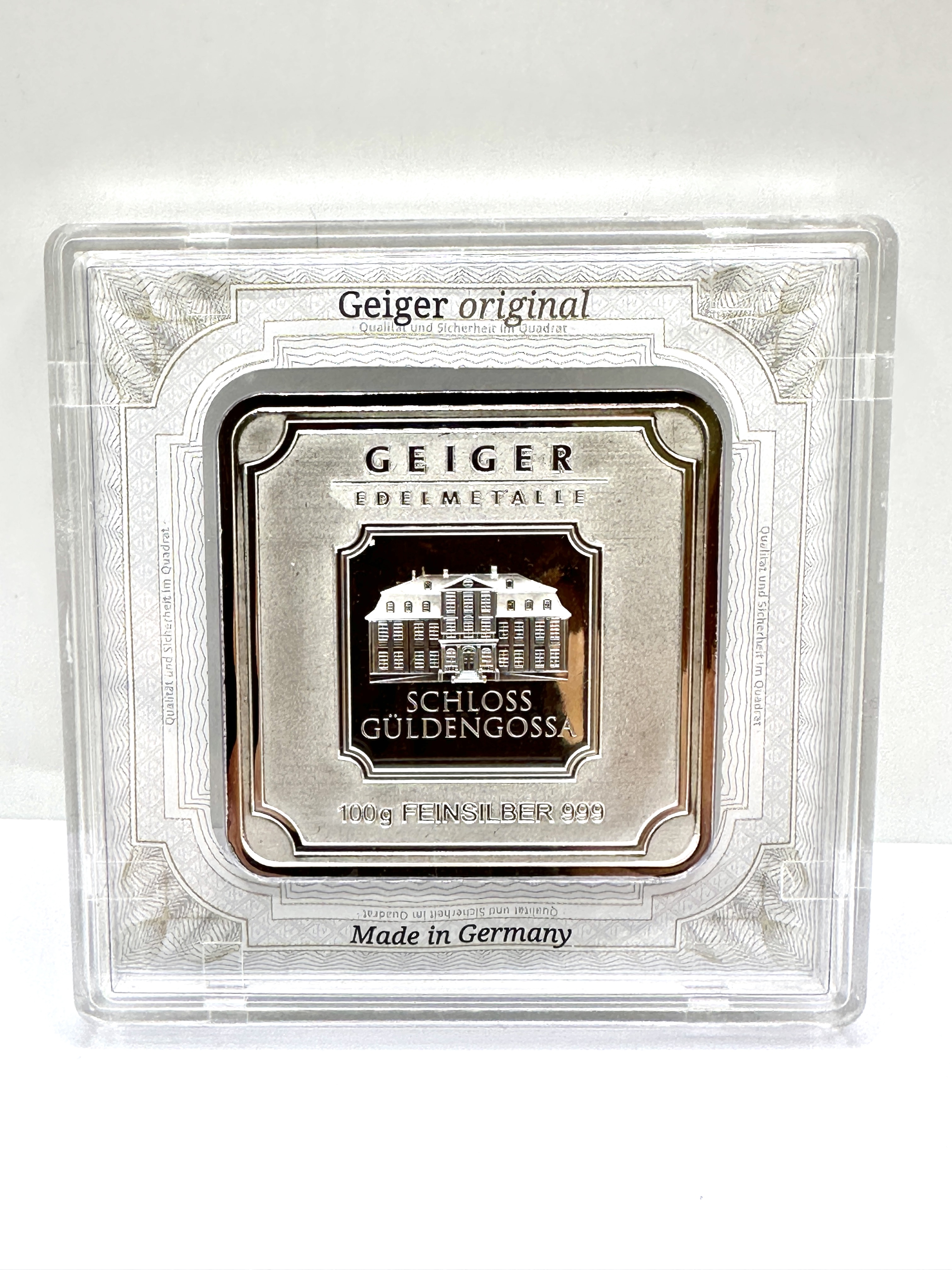 A Geiger Edelmetalle Schloss Güldengossa 100g Fine Silver Square Bar
