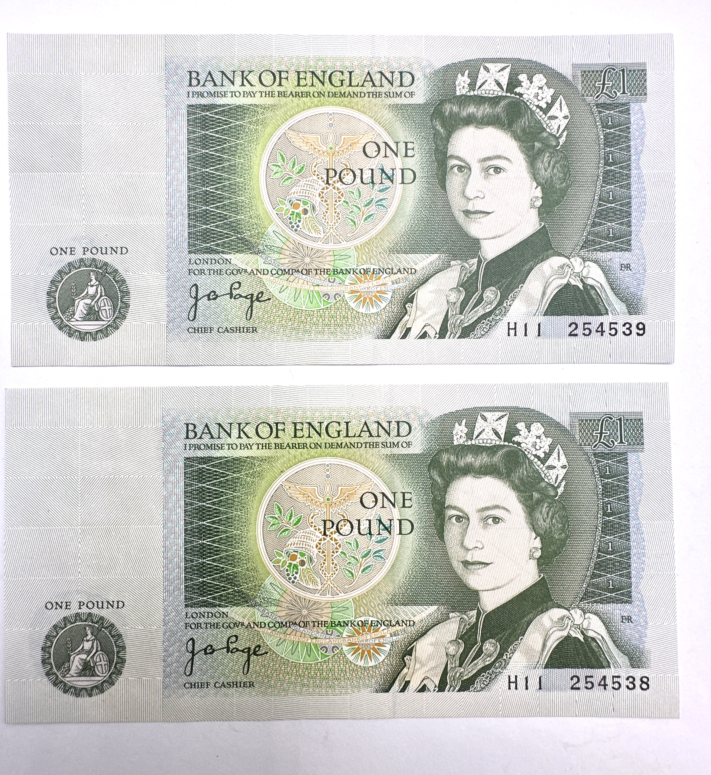 A Pair of UK Bank of England Series D One Pound Banknotes J. B. Page Signature Consecutive Numbers