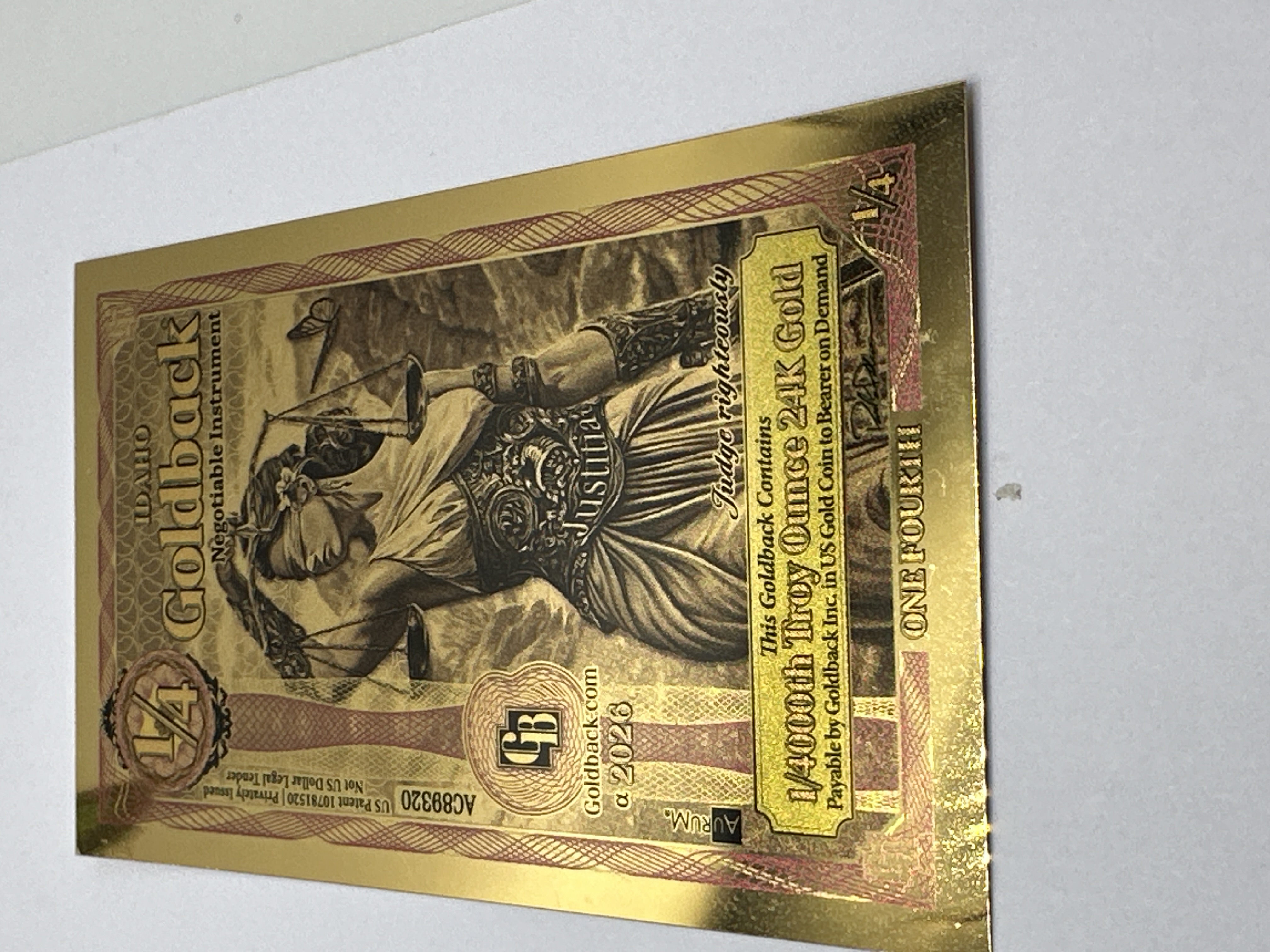 2023 Idaho Series 1/4 Goldback Aurum 24ct Gold Note