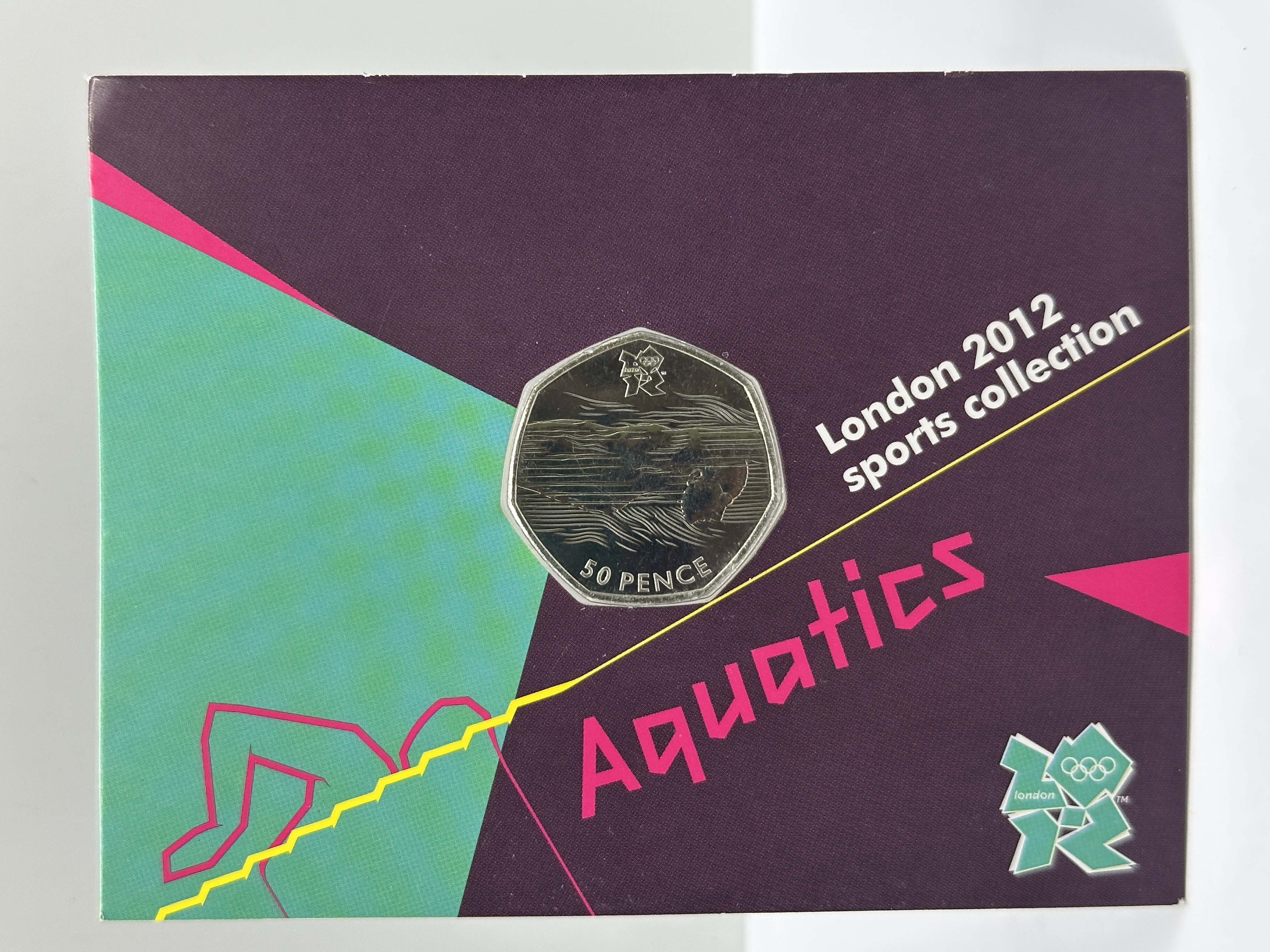 UK 2011 Royal Mint London 2012 Aquatics 50 Pence Coin Lines Over Face Variant