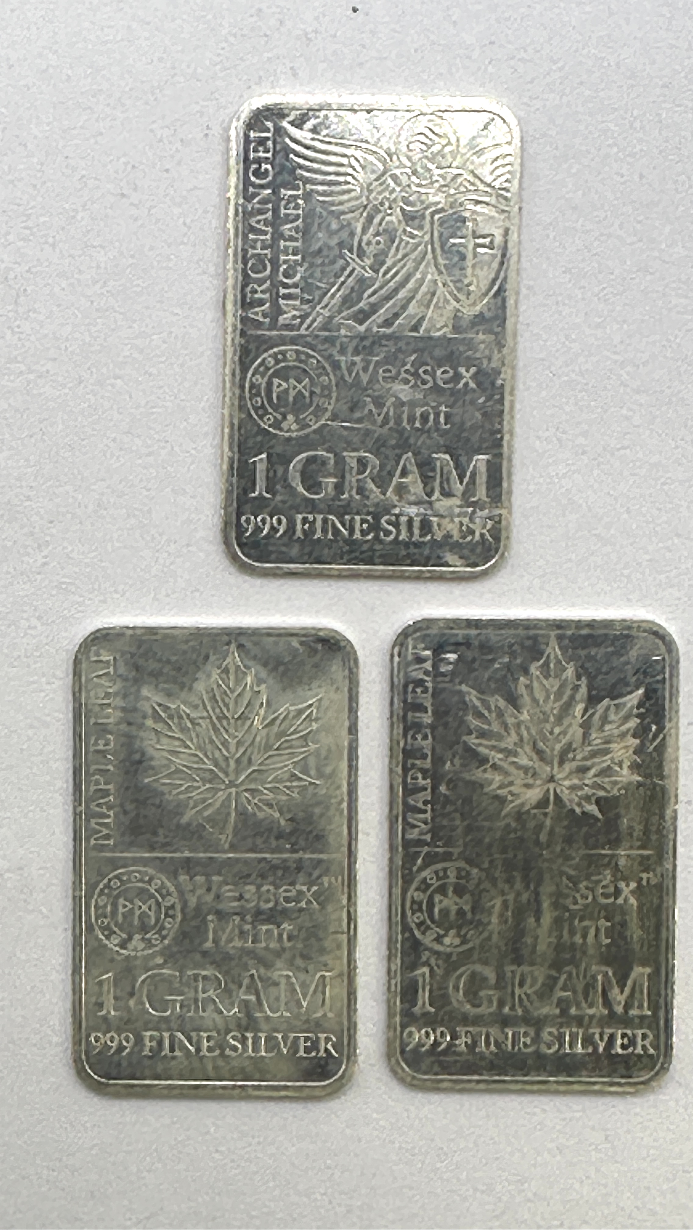 Three Wessex Mint 1 Gram .999 Fine Silver Bullion Bars