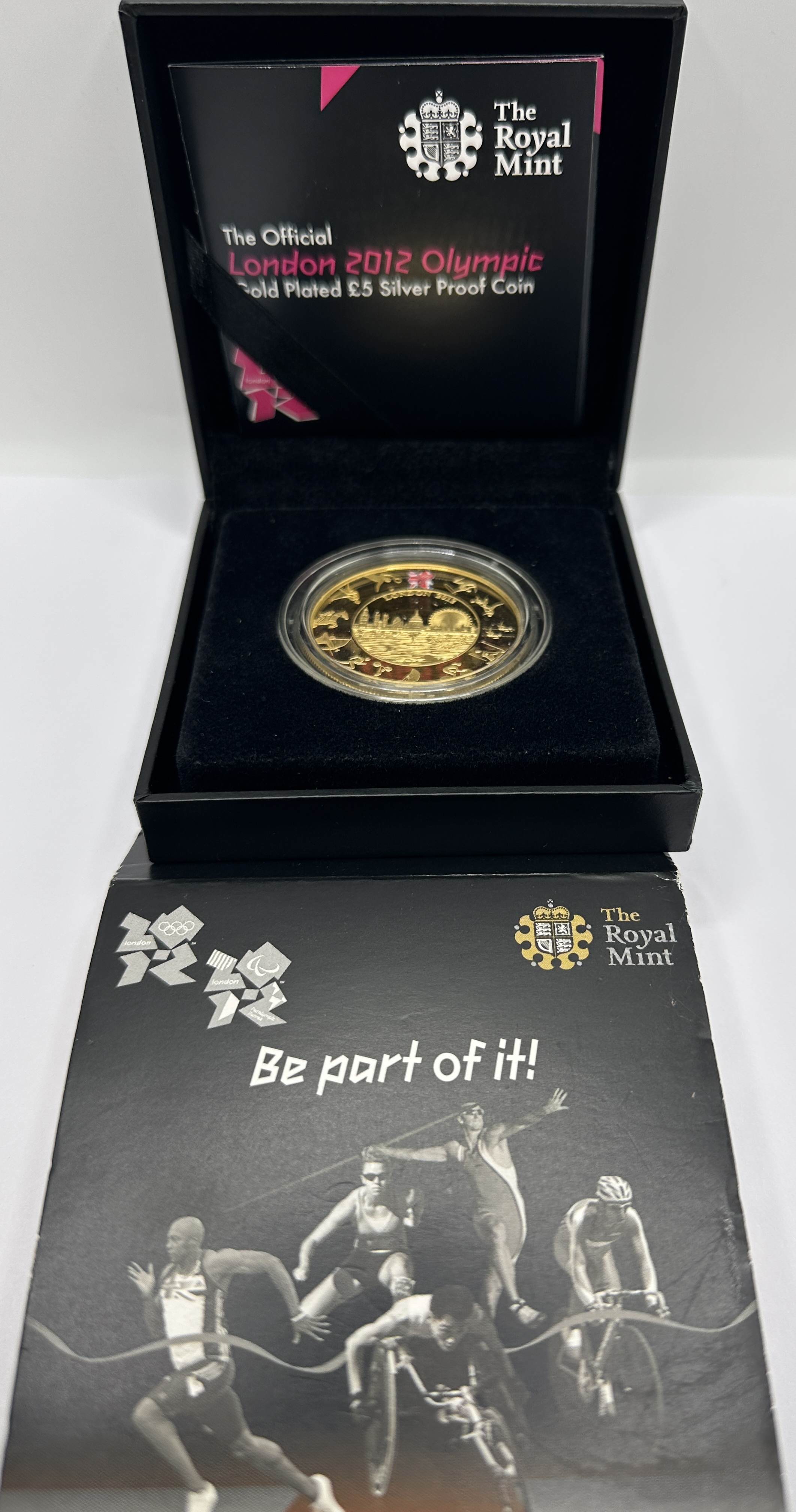UK 2012 Royal Mint London Olympic Games Gold Plated Silver Proof Five Pound Coin