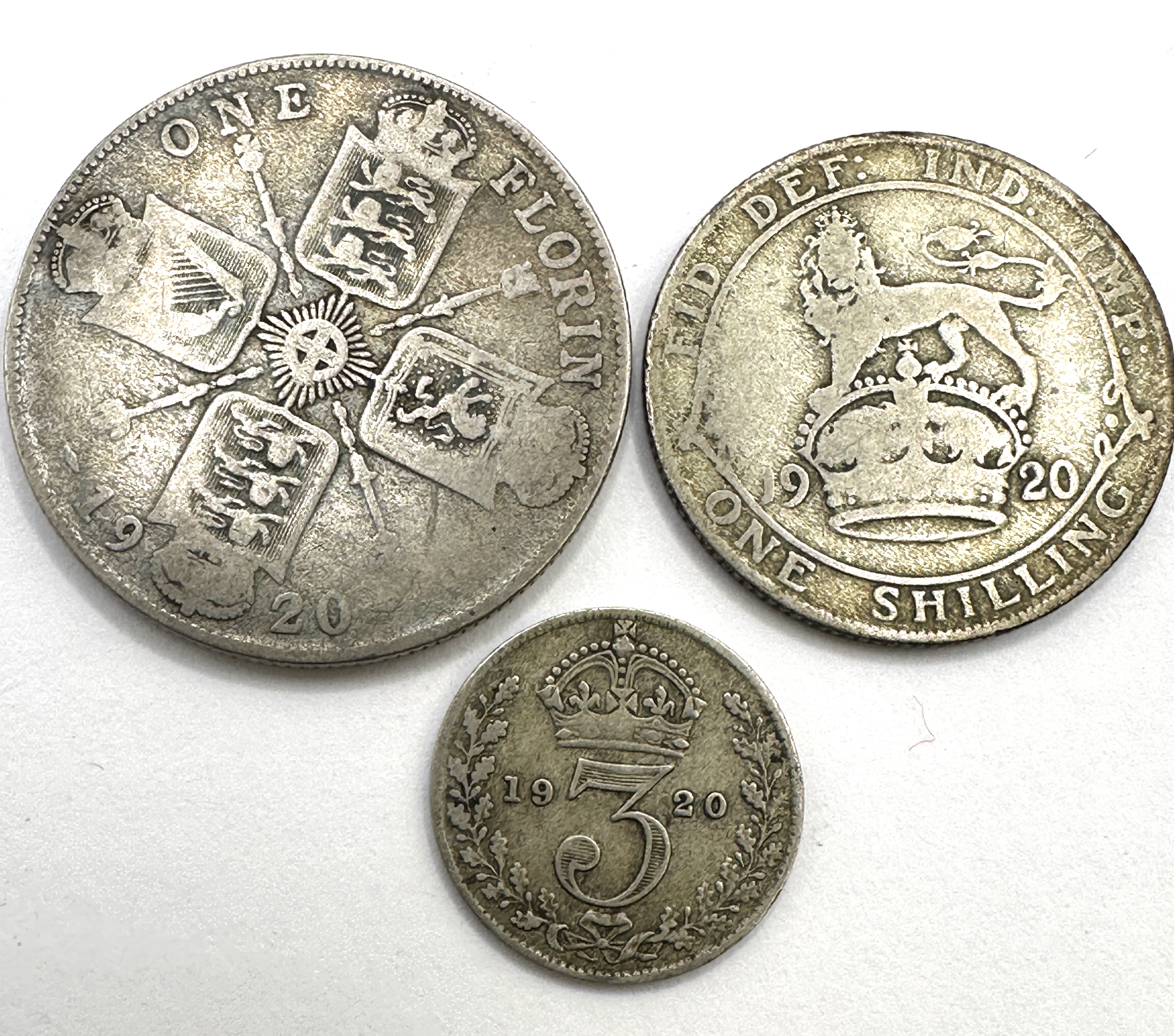 Three 1920 UK George V .500 Silver Coins Comprising Florin Shilling and Threepence