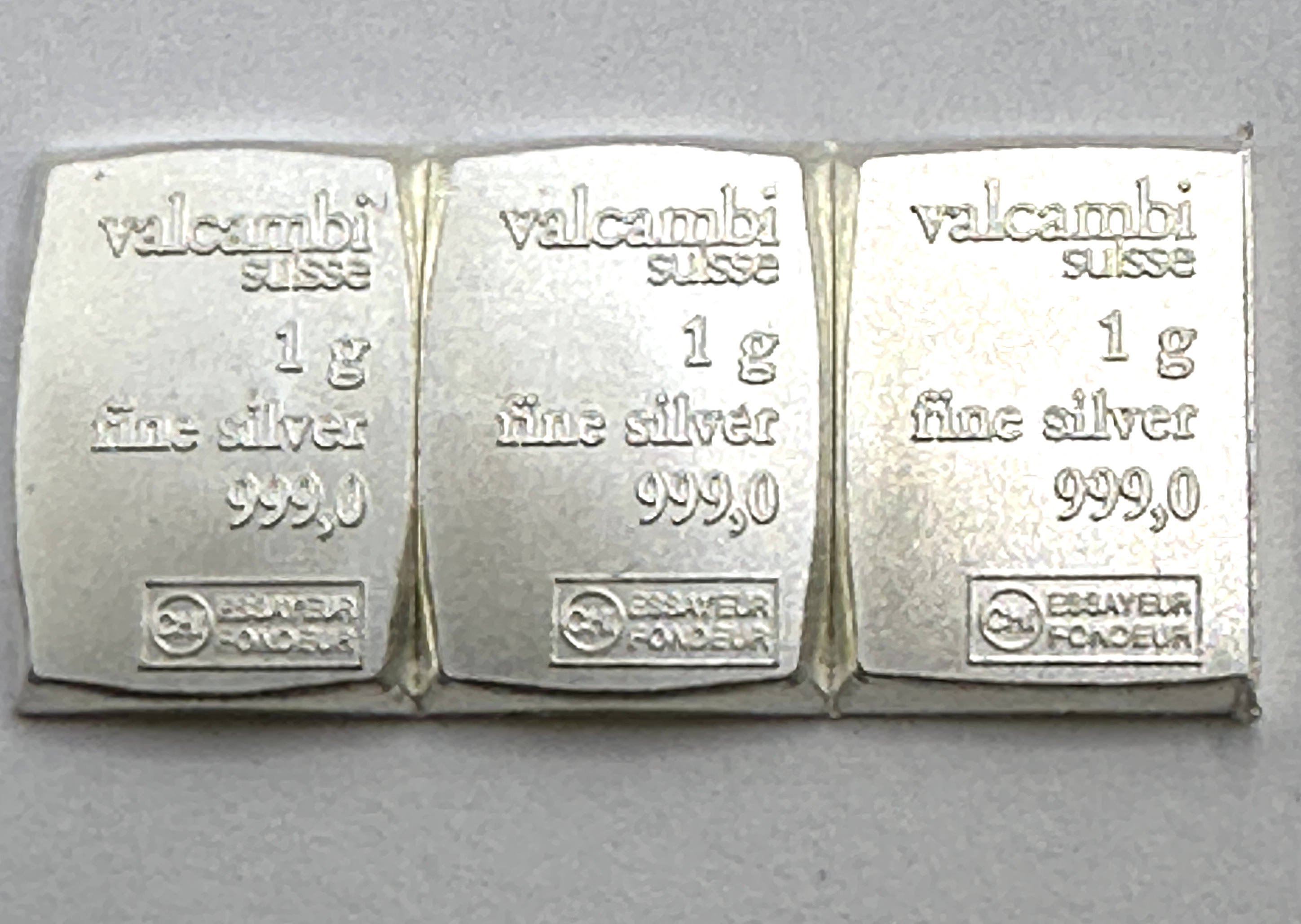 Three Valcambi Suisse 1g Fine Silver CombiBar Units