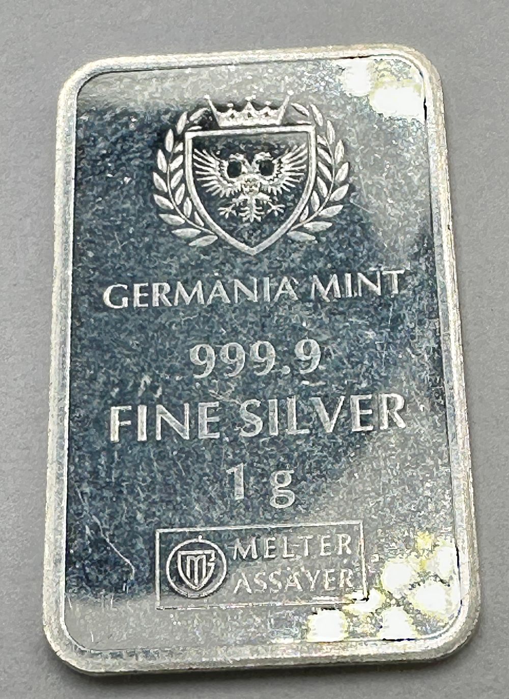 Lot 33: Germania Mint 1 Gram 999.9 Fine Silver Bullion Bar