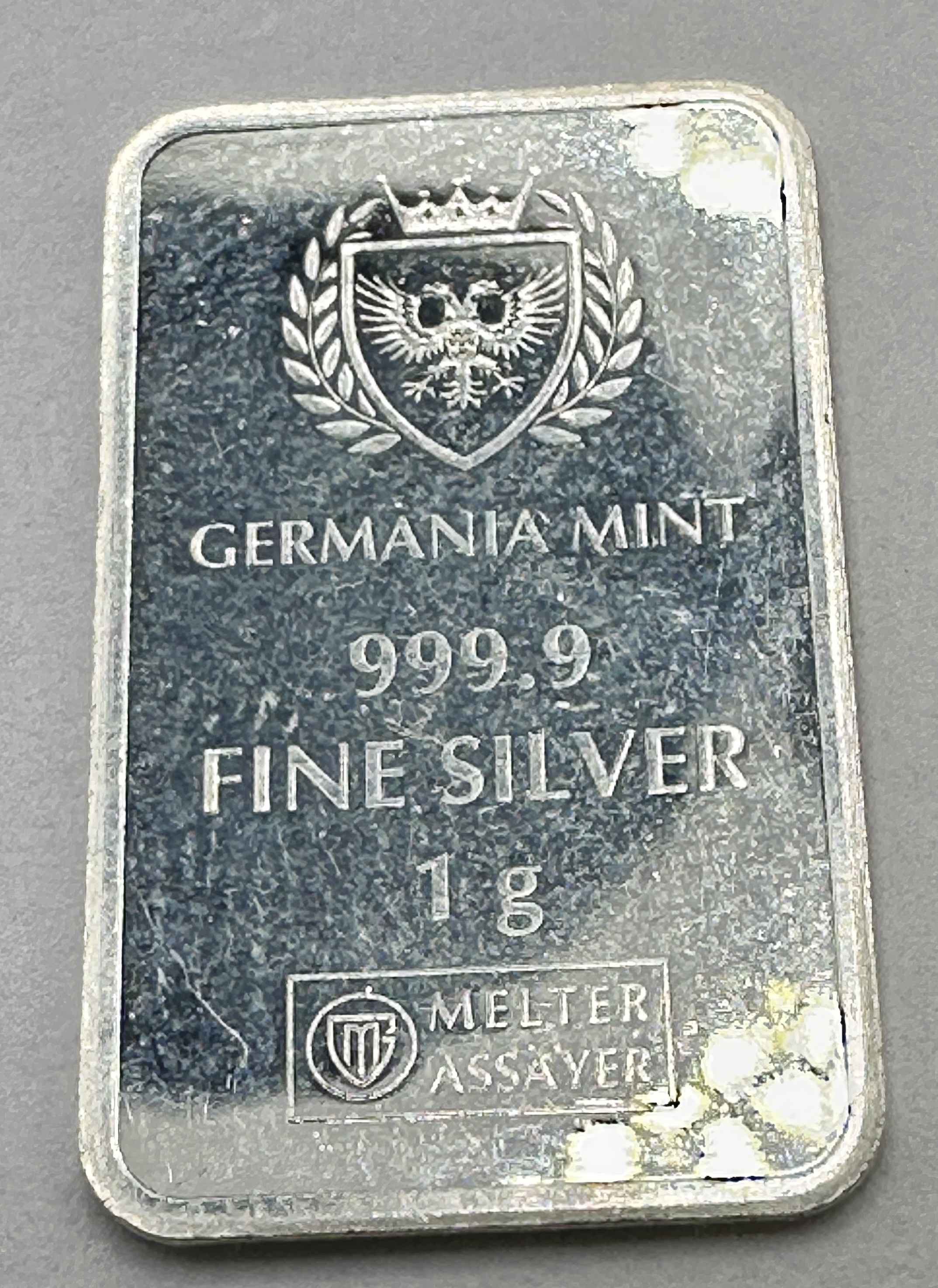 A Germania Mint 1 Gram (0.032 oz t) 999.9 Fine Silver Bullion Bar