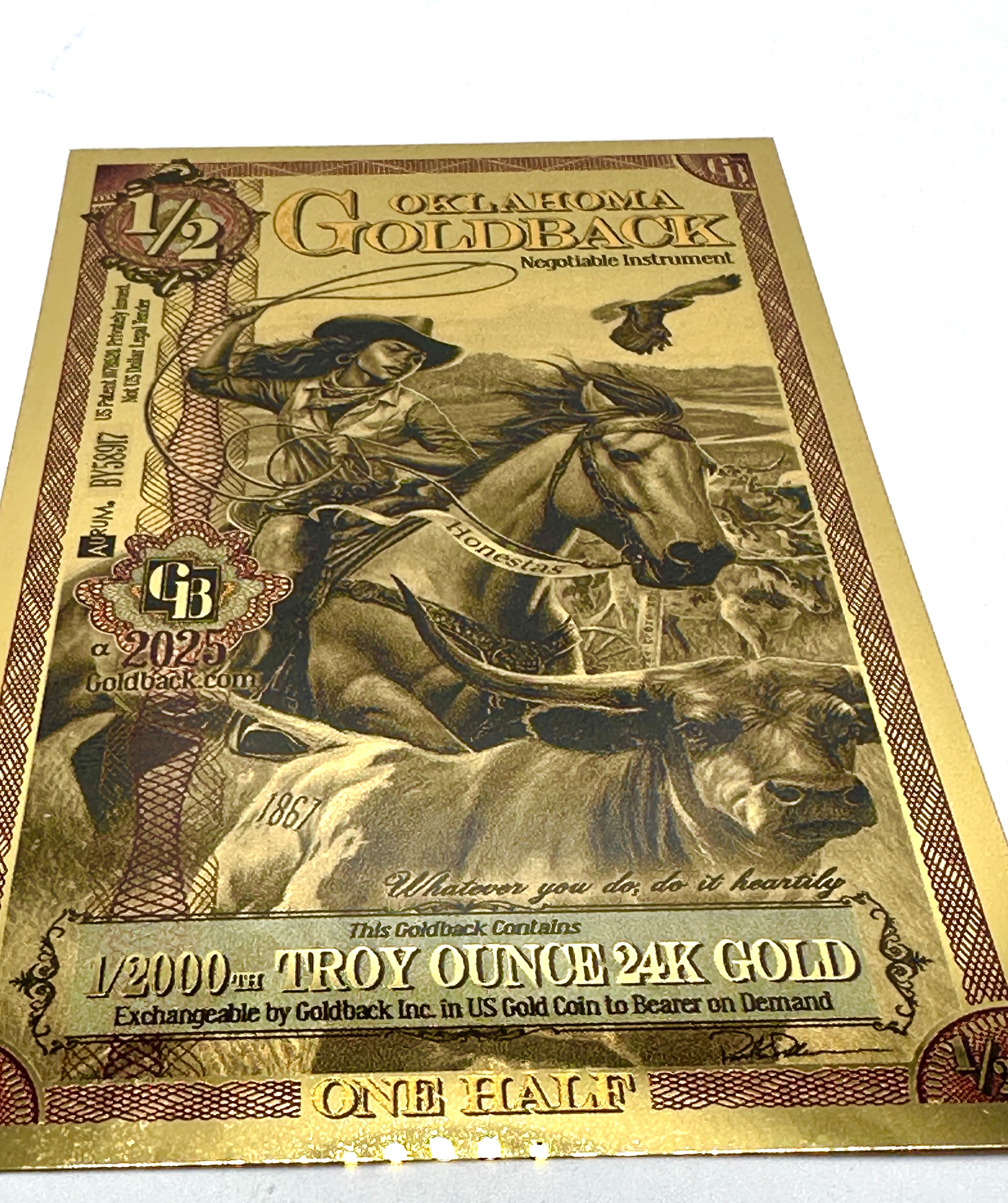 2025 Oklahoma 1/2 Goldback 1/2000 Troy Ounce 24 Carat Gold Note