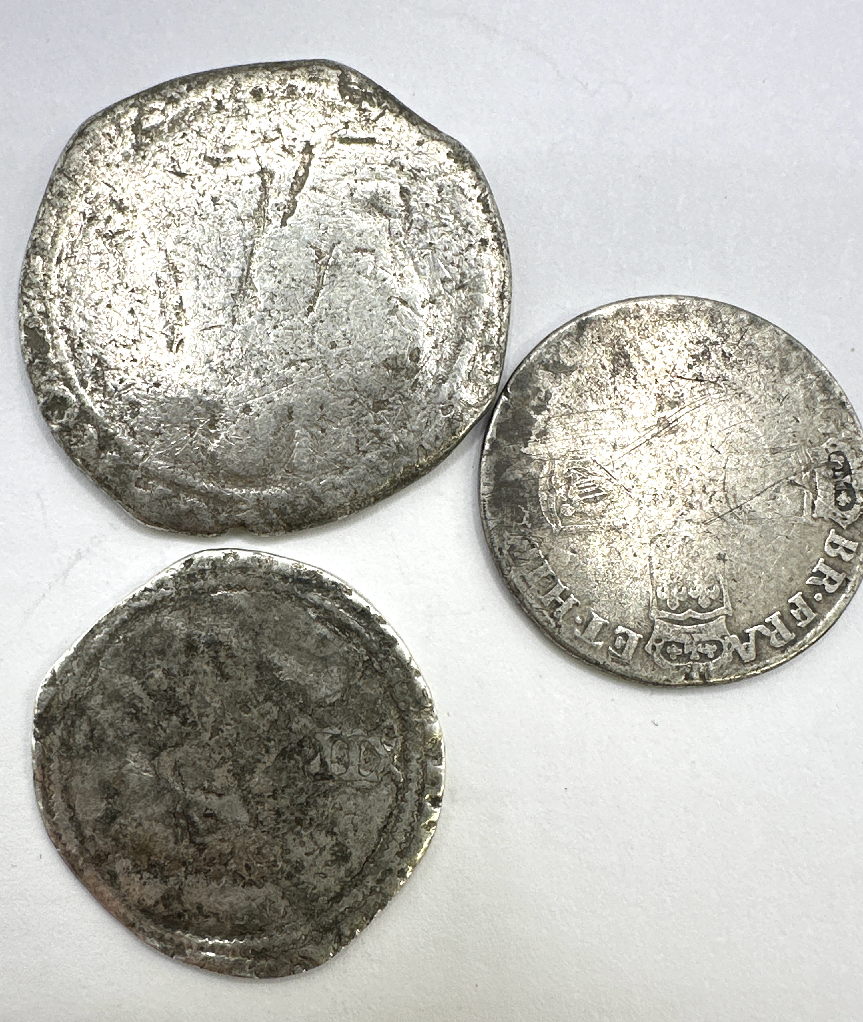 Three UK Silver Coins including Elizabeth I Hammered and William III Milled Issues