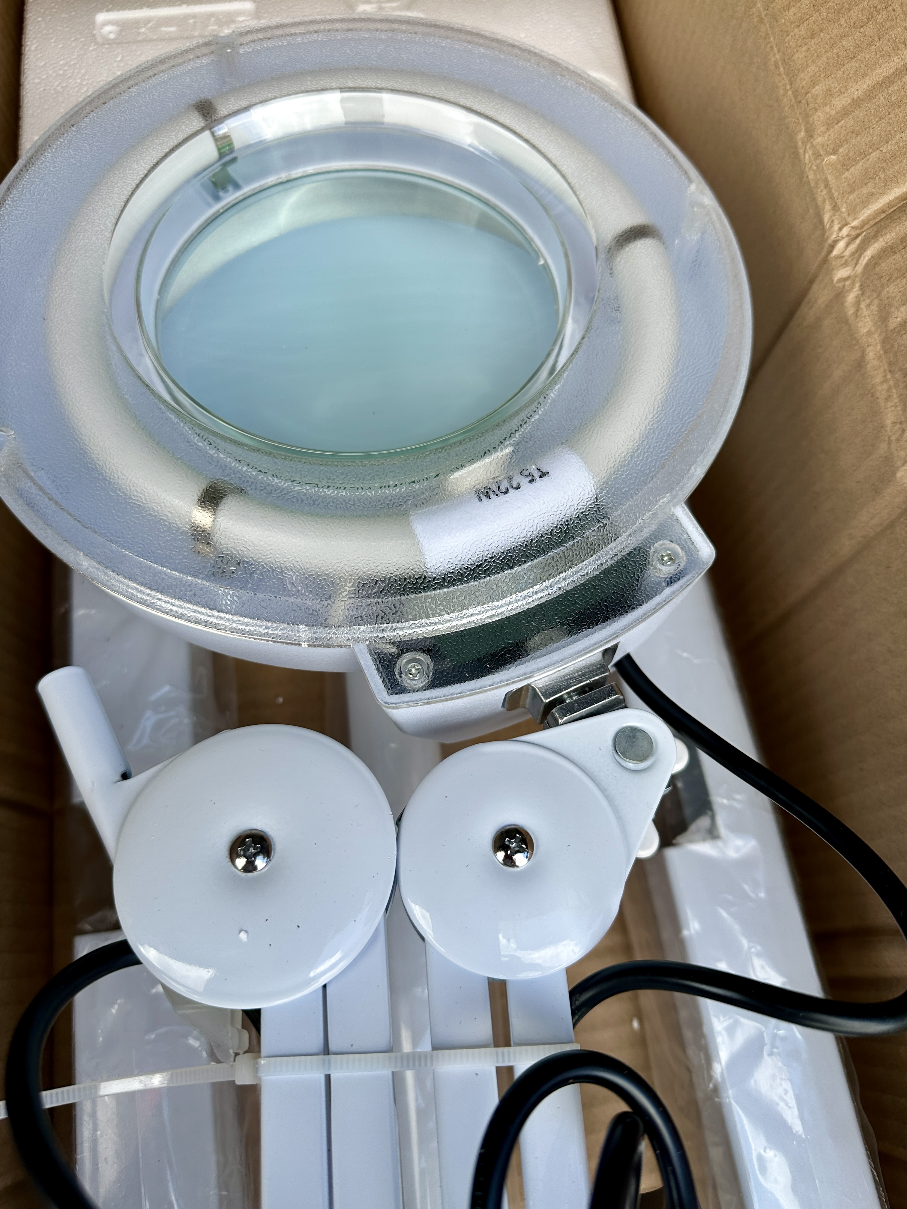Circular Fluorescent Magnifying Floor Lamp with Articulated Arm and Wheeled Cross-Base