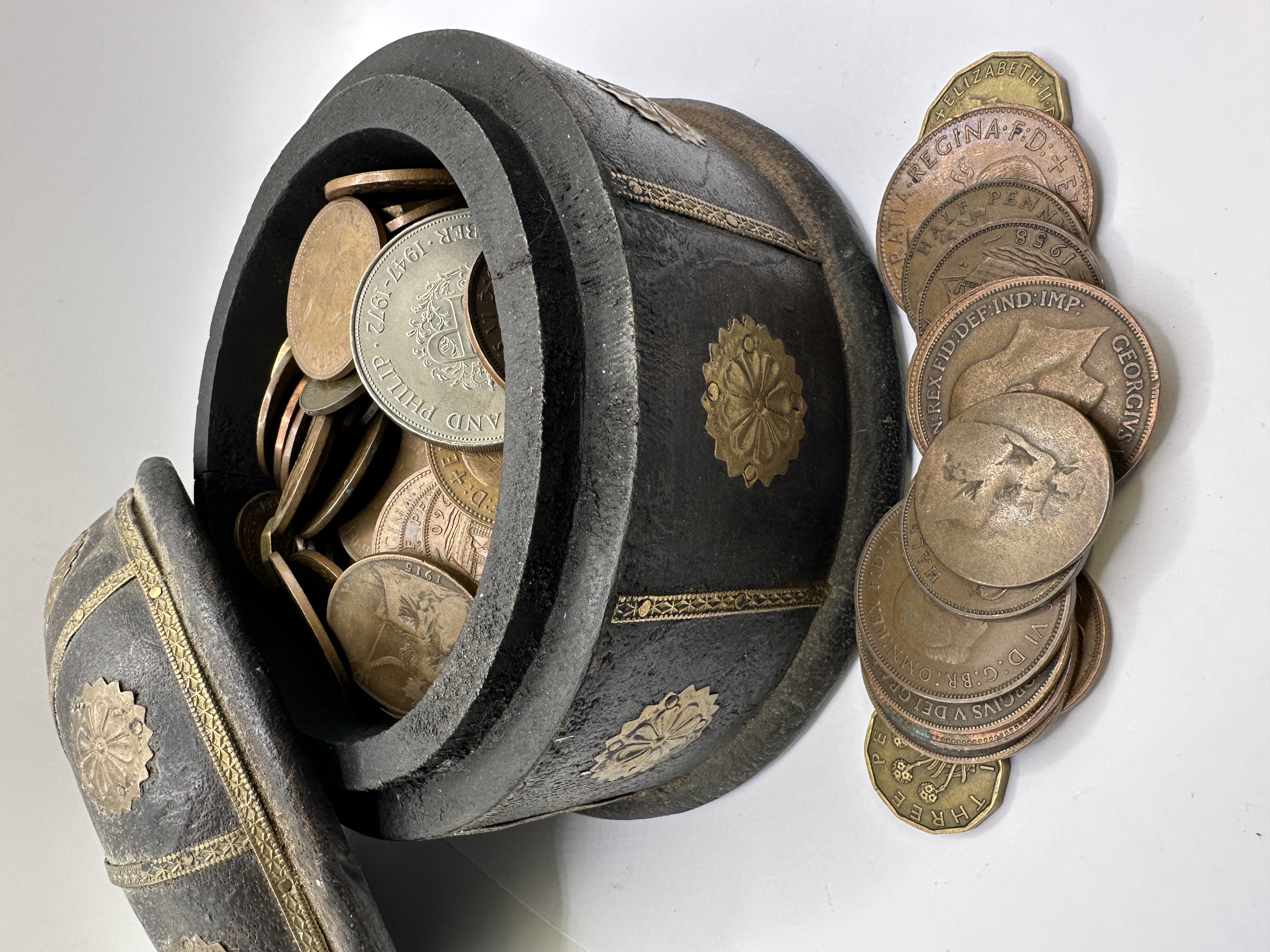 A Collection of UK Pre-Decimal and Early Decimal Coins in a Decorative Brass-Bound Wooden Box