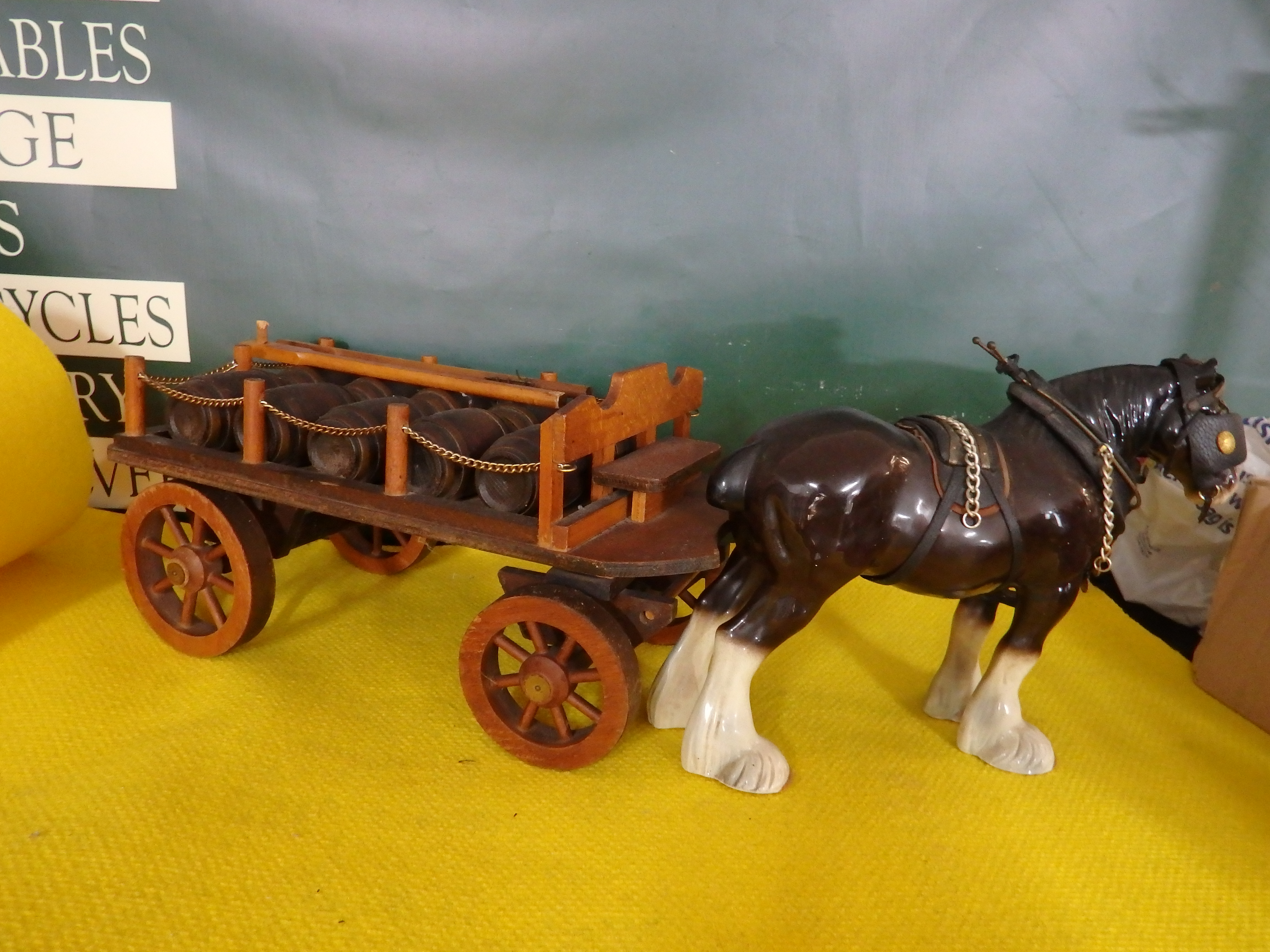 Ceramic Shire Horse and Wooden Brewery Dray with Barrels