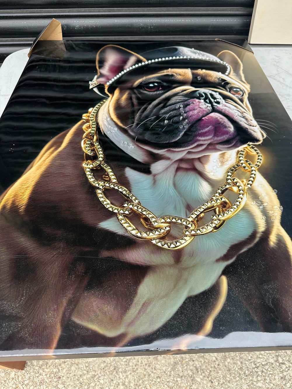 Lot 131: Large High-Gloss Liquid Art Print of an Urban French Bulldog with Crystal Embellishments