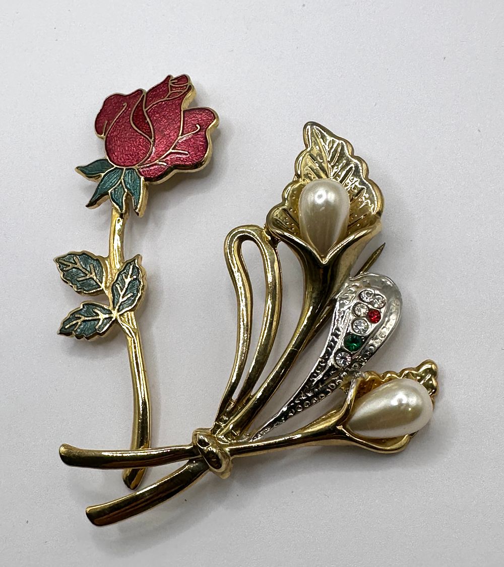 Lot 213: Vintage Gold-Toned Floral Bouquet Brooch with Enamel Rose and Faux Pearls
