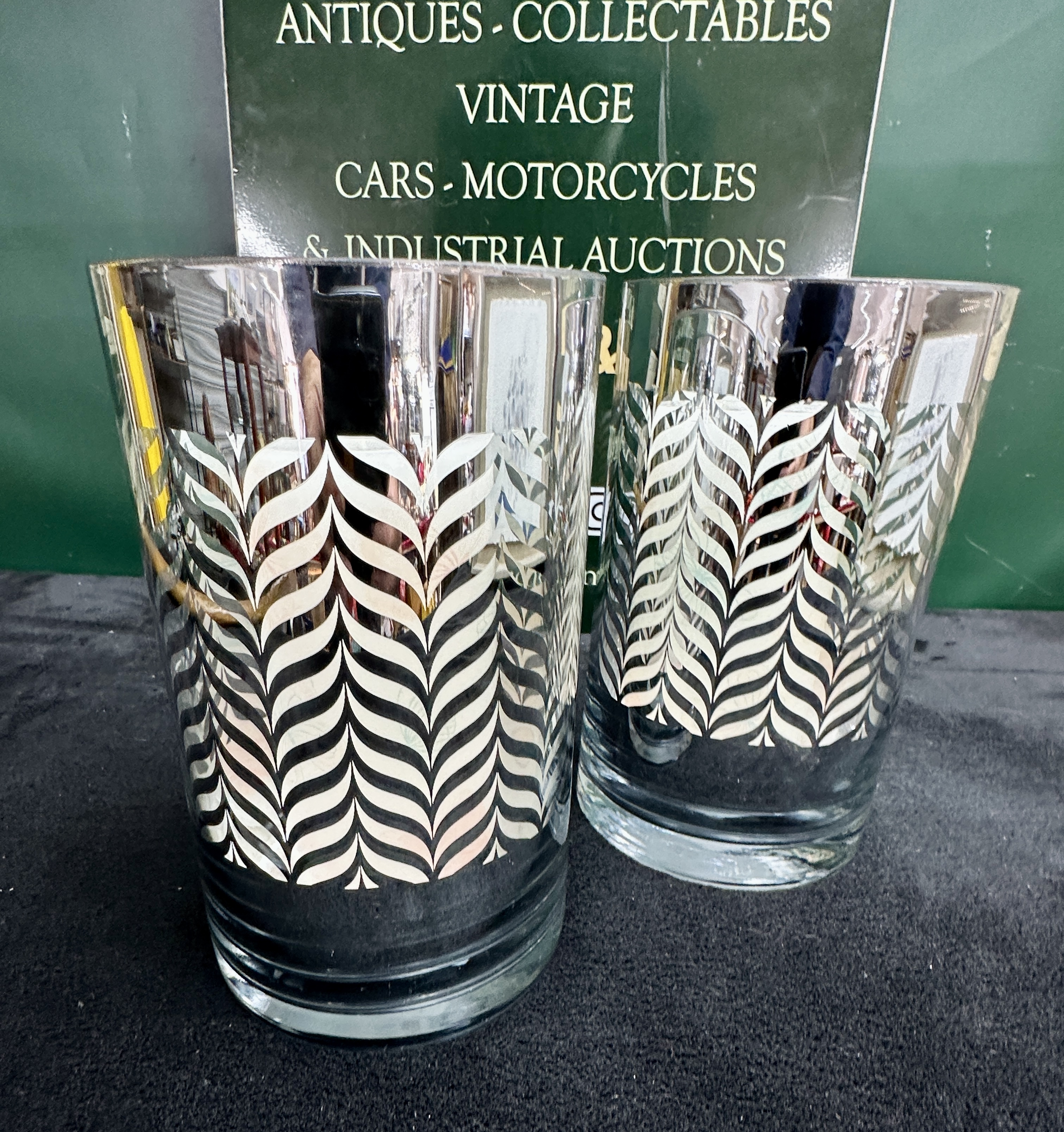 A Pair of Glass Hurricane Candle Holders, Frosted Chevron Decoration