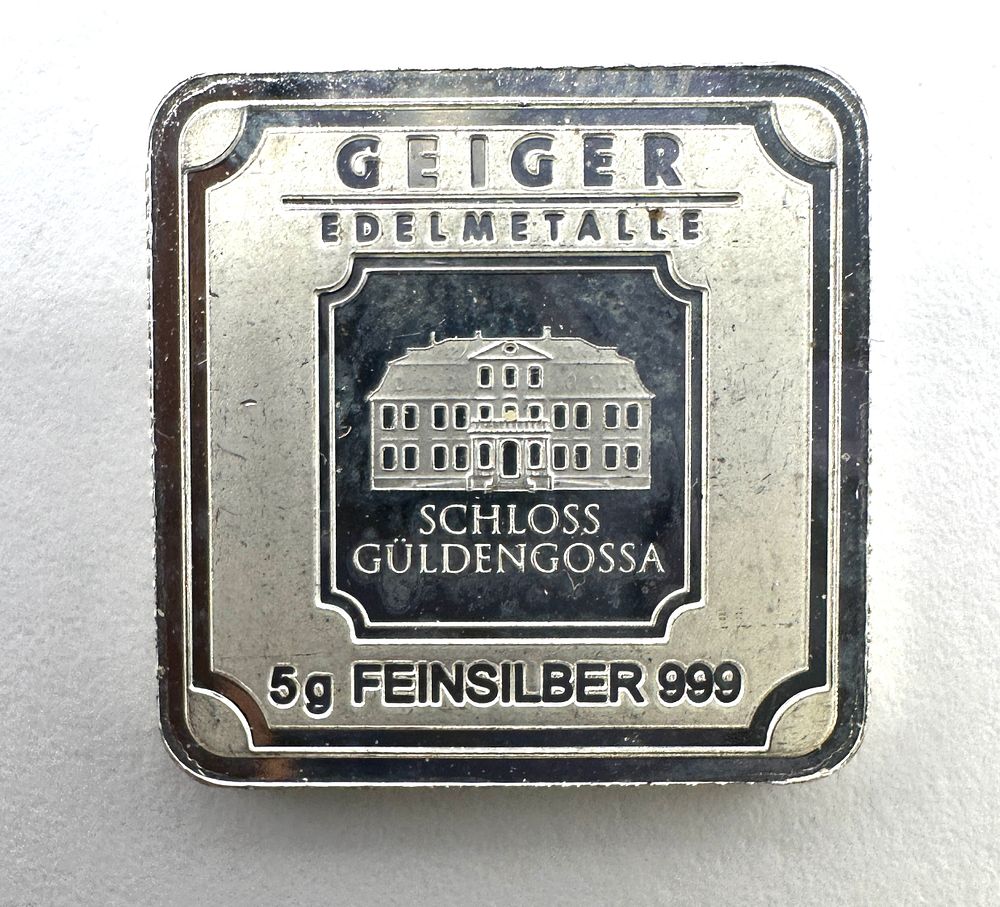 Lot 168: Geiger Edelmetalle Schloss Güldengossa 999 Silver 5g Square Bar