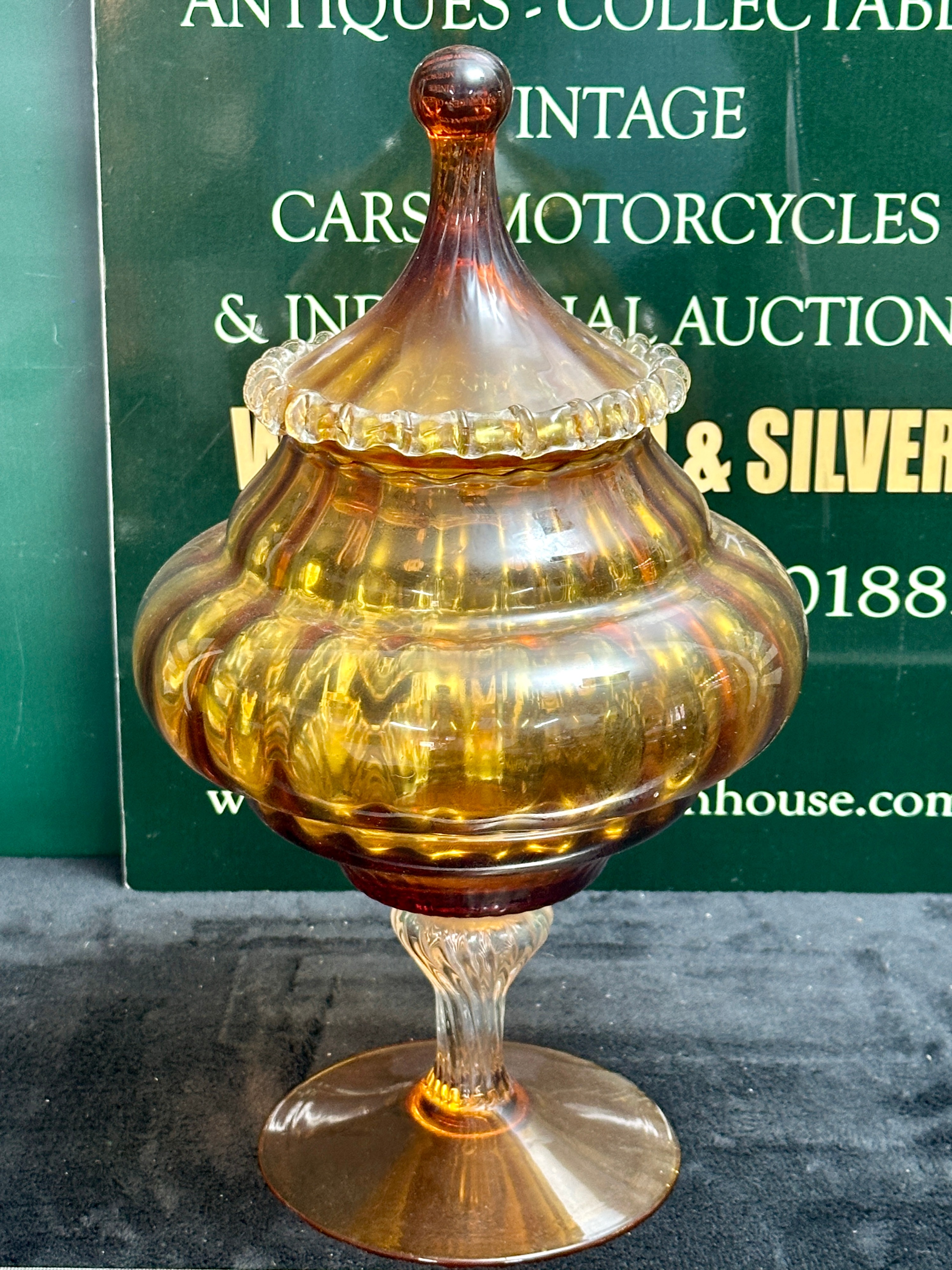 A Murano Italian Amber Glass Lidded Compote with Crimped Rim