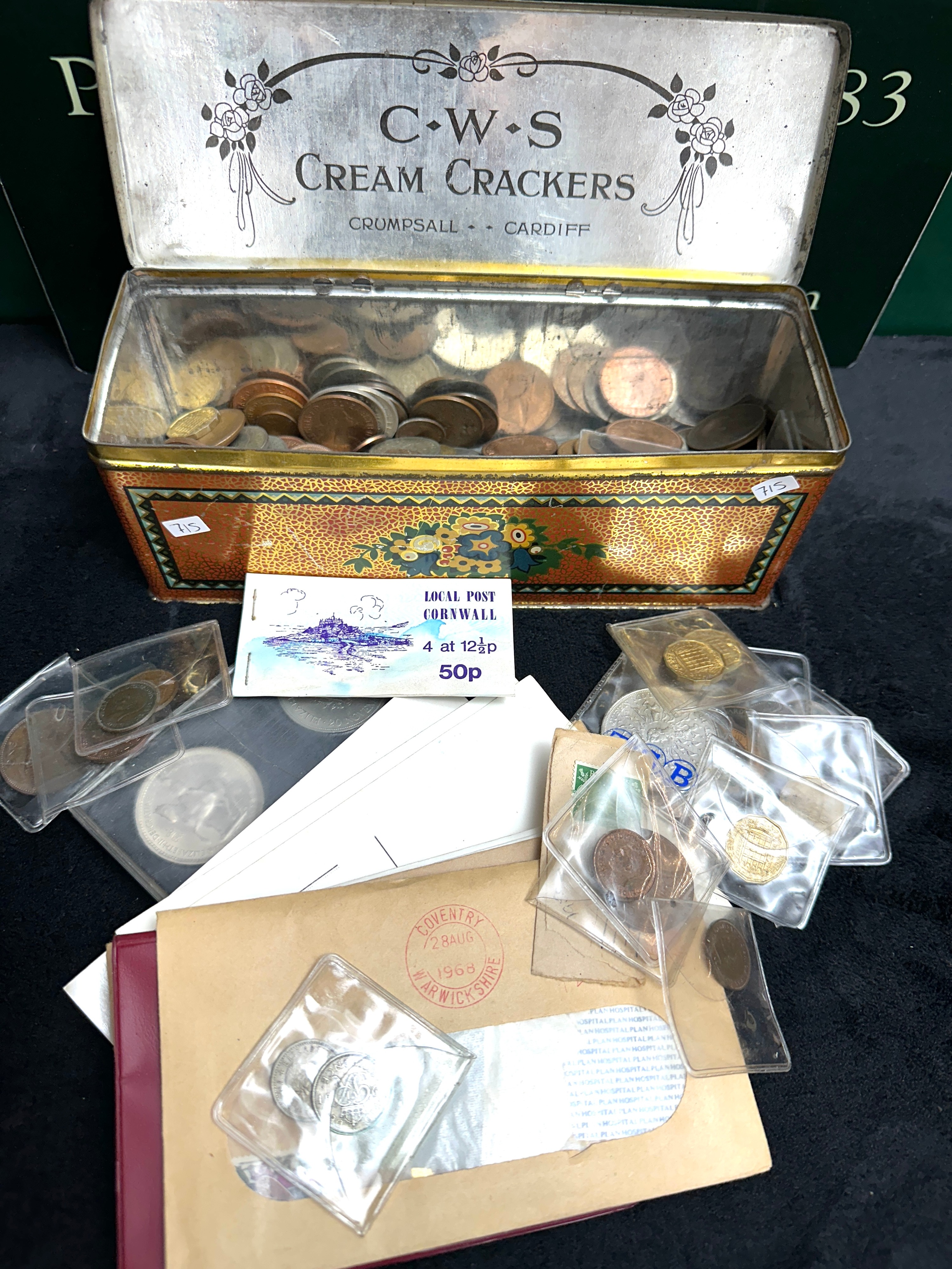A Collection of UK Coins and Ephemera in a C.W.S. Tin